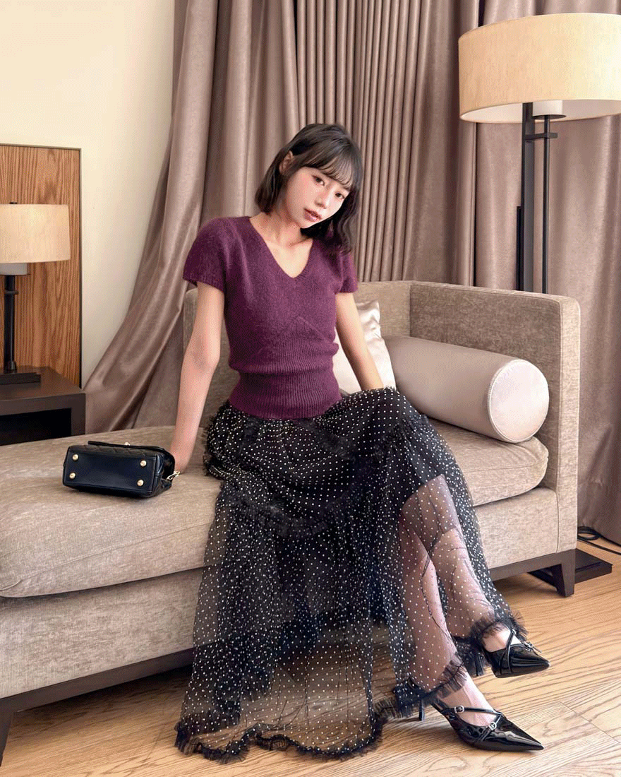 LINA LINA法式浪漫撞色波點壓褶網紗鬆緊長裙-優雅黑