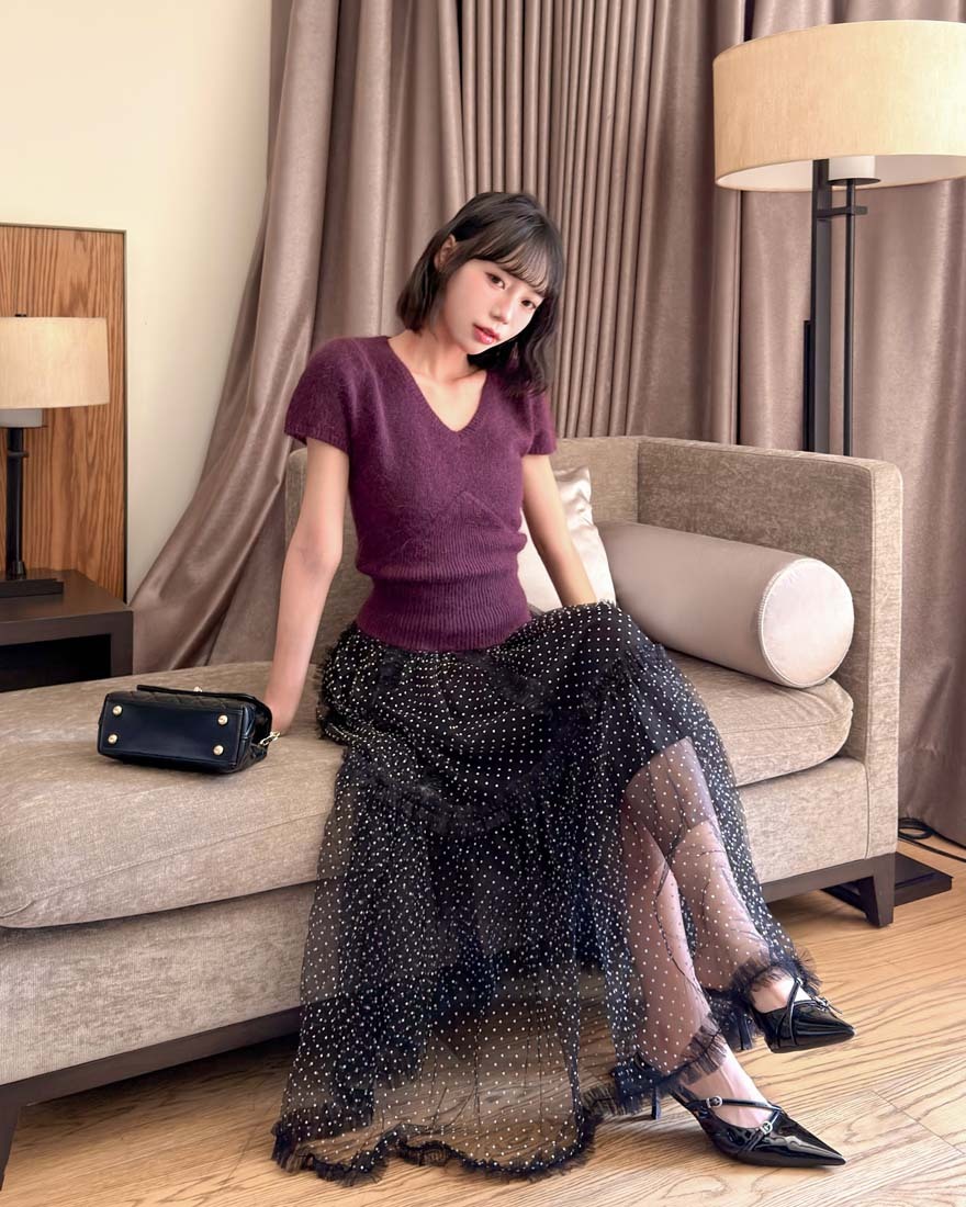 LINA LINA法式浪漫撞色波點壓褶網紗鬆緊長裙-優雅黑