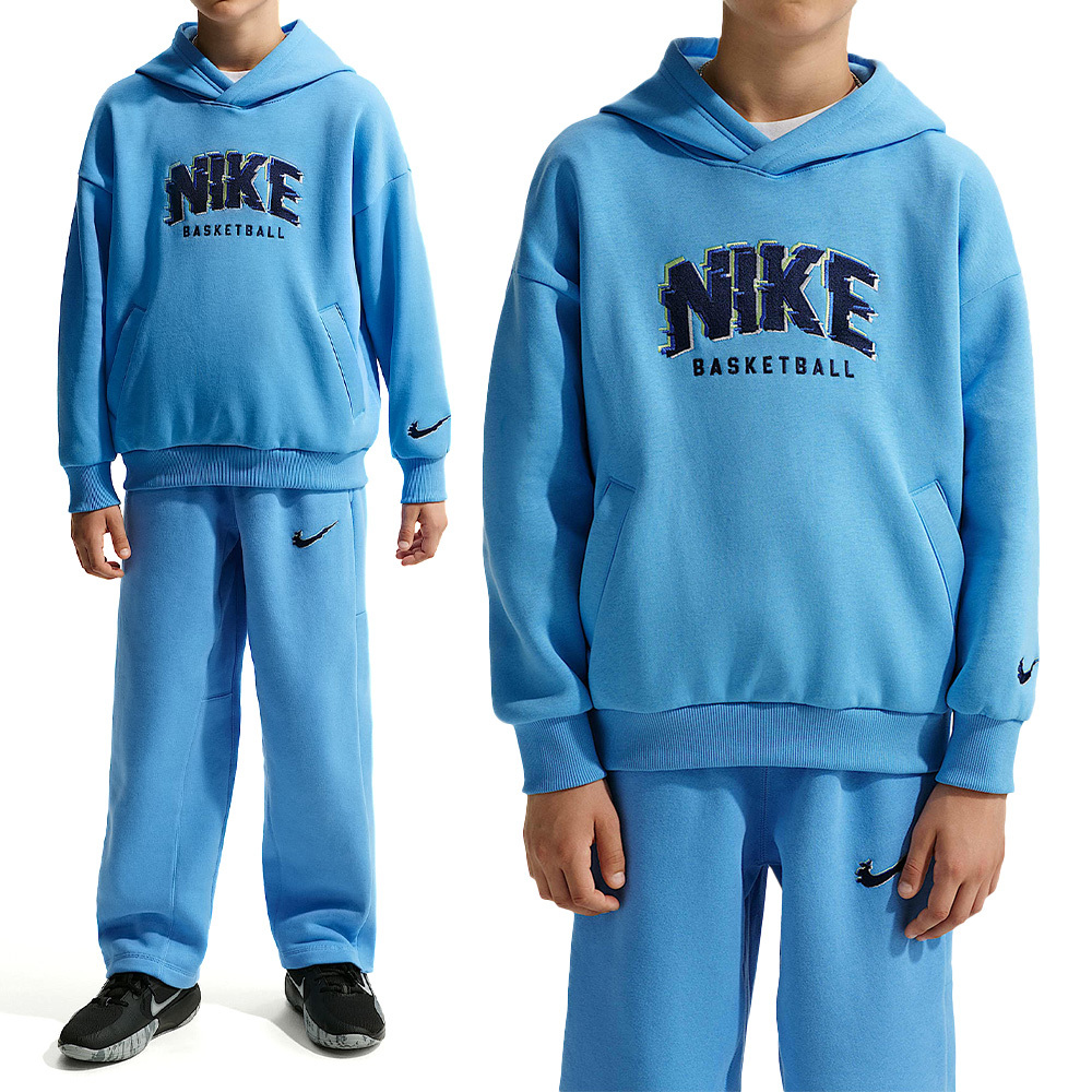 Nike K NK Cob Flc Po Hoodie Glitch 大童 藍色 帽T 刷毛 長袖 HV0508-412