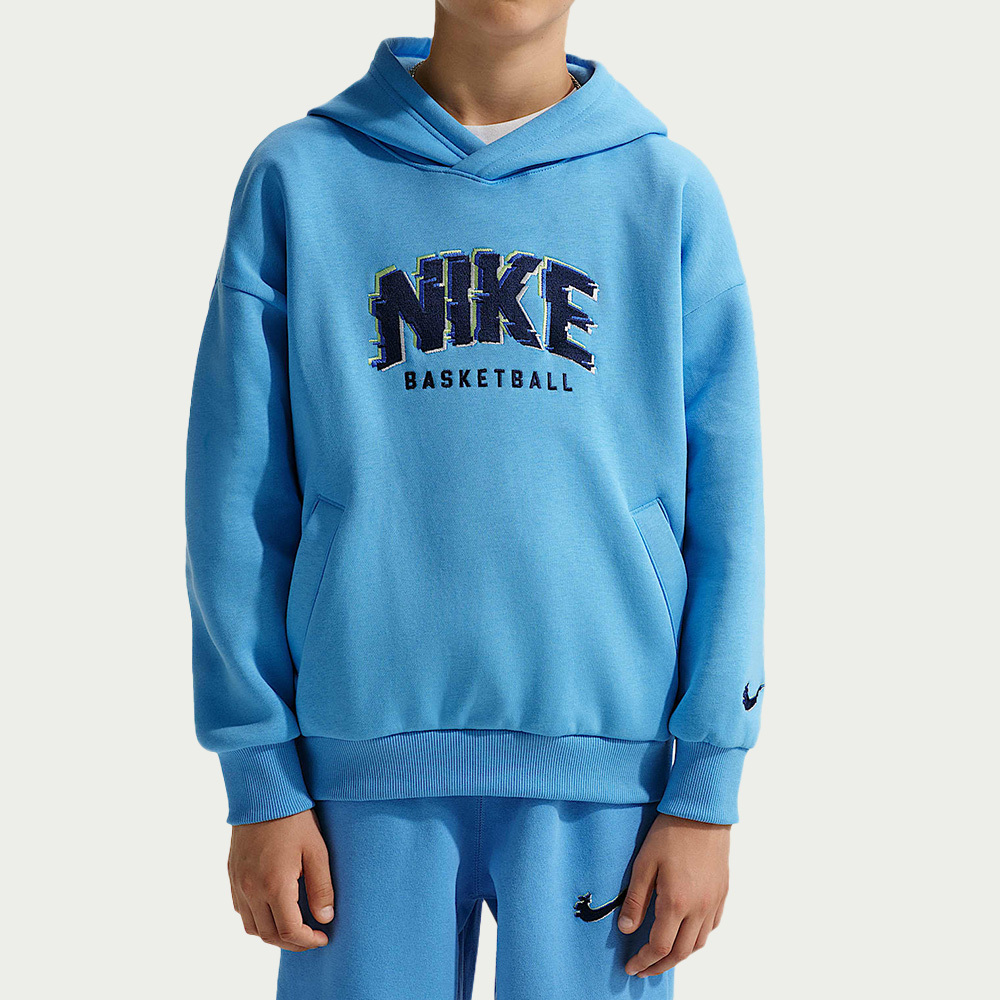 Nike K NK Cob Flc Po Hoodie Glitch 大童 藍色 帽T 刷毛 長袖 HV0508-412