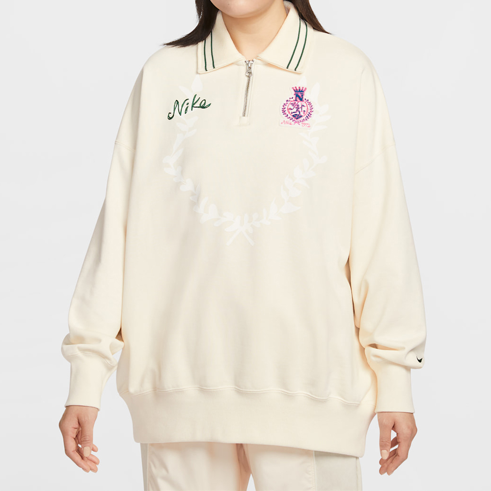 Nike AS NSW FLC OS NNSC QZ 女款 象牙白色 寬鬆 抓絨 Polo衫 長袖 IQ3943-110