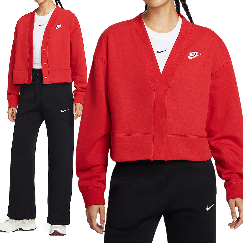 Nike Club Flc Loose Cardig 女款 紅色 V領 寬鬆 開襟 長袖 外套 IF5456-657