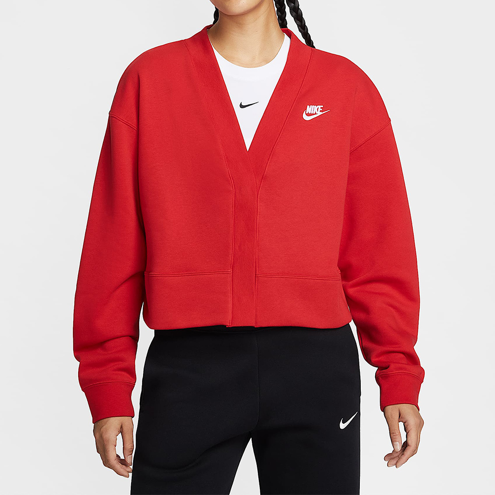 Nike Club Flc Loose Cardig 女款 紅色 V領 寬鬆 開襟 長袖 外套 IF5456-657