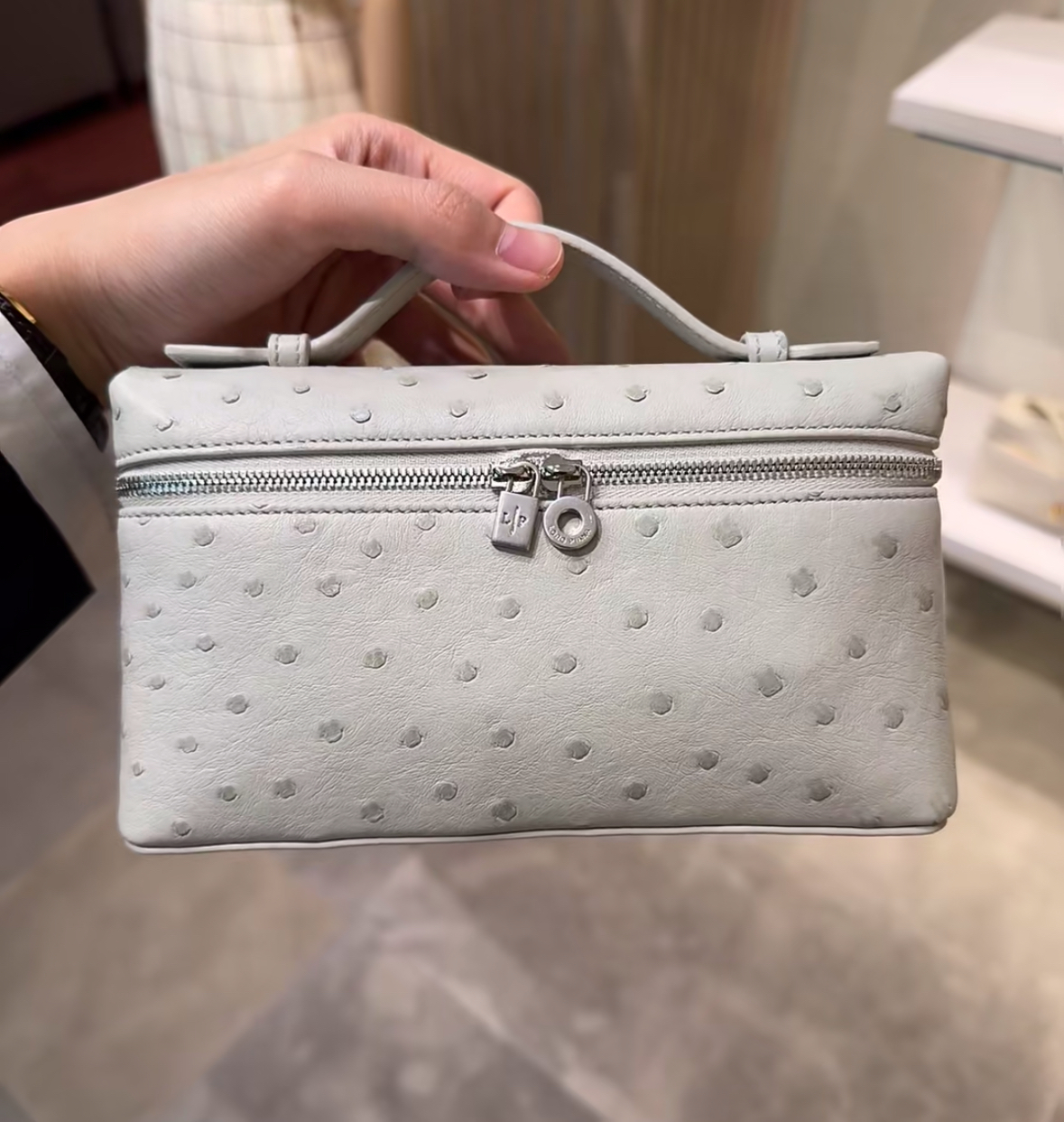 Loro Piana Extra Pocket L19 鴕鳥皮深冰色銀扣飯盒袋手袋