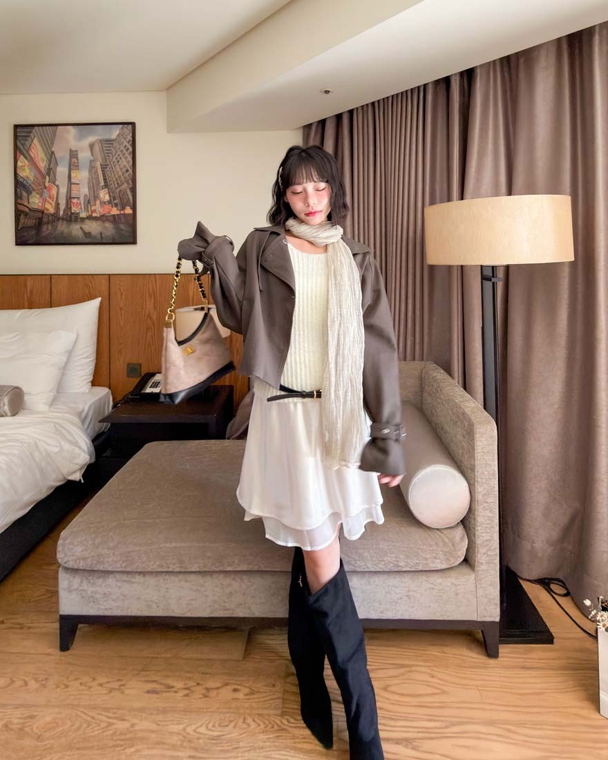 LINA LINA傾心光韻光澤緞面層次網紗中長裙-珠光杏