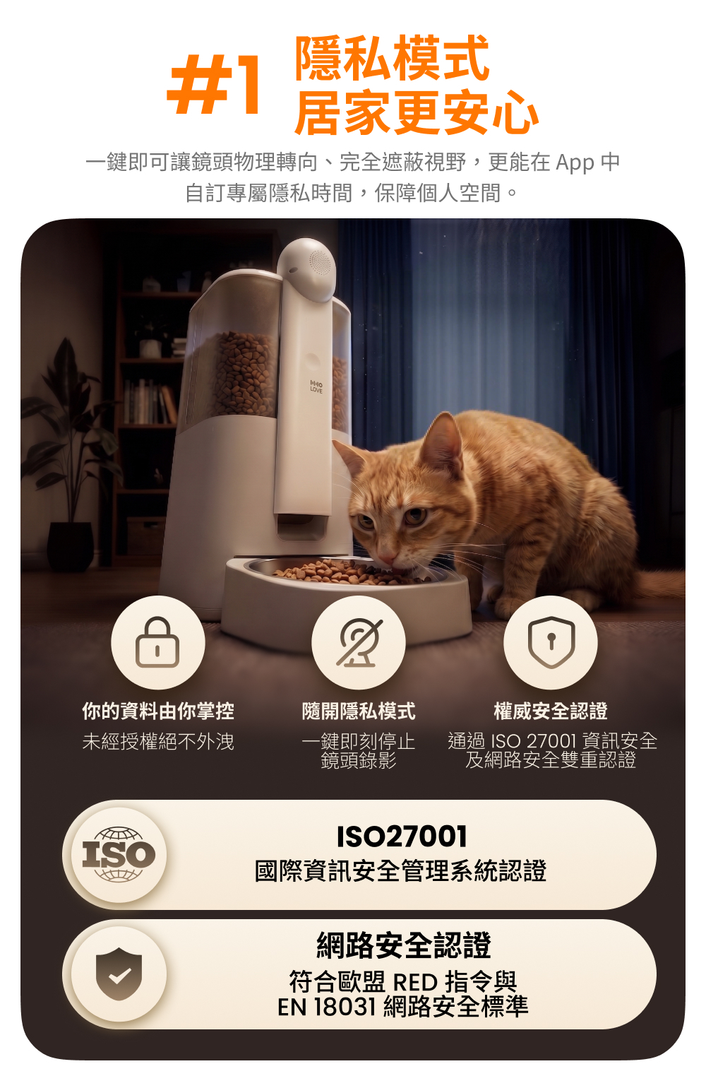 YUNO AI 全景智慧寵物餵食器隱私模式