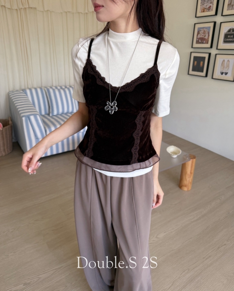 蕾絲拼紗絨布背心*2色