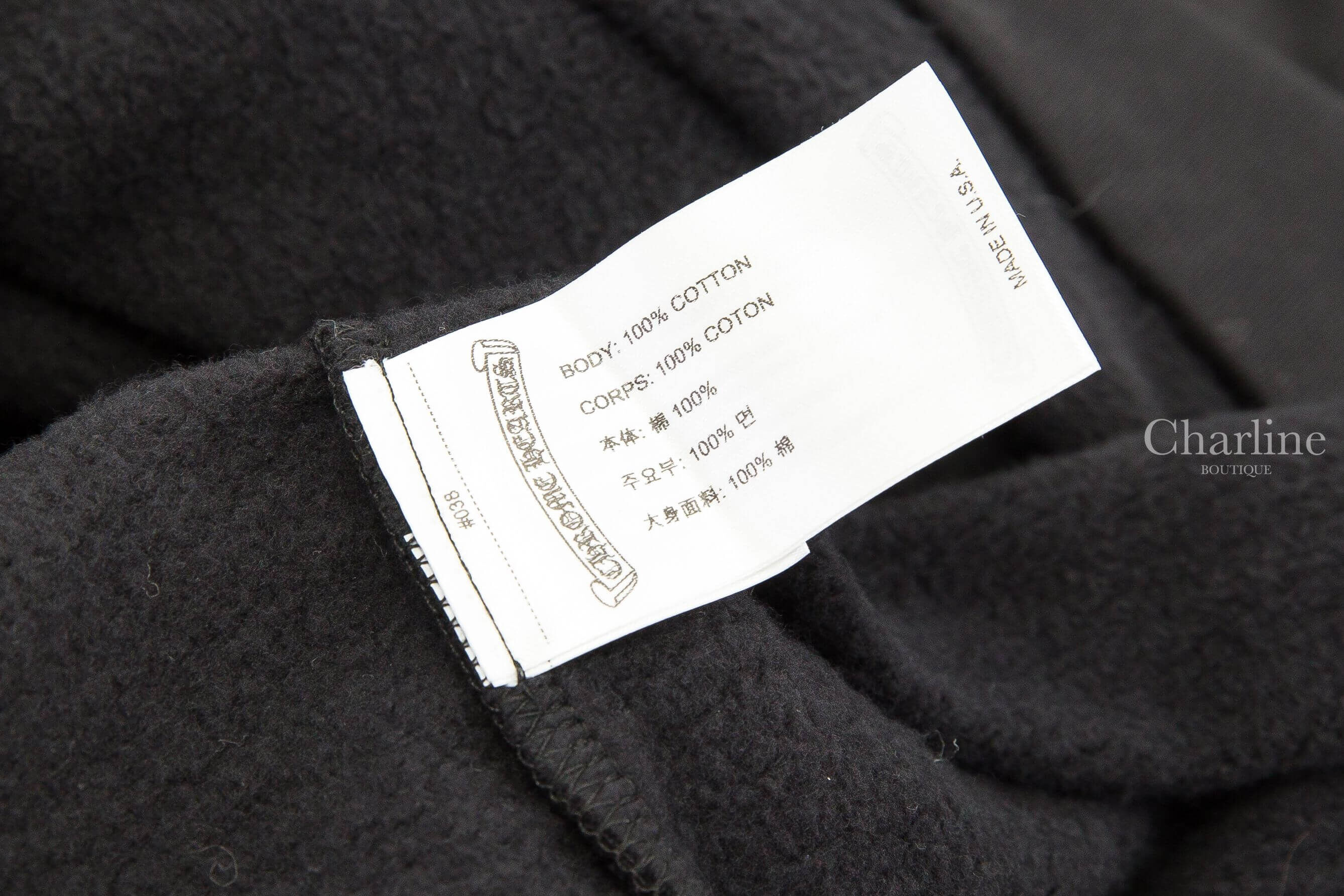 1. Chrome Hearts Sweatshirt 黑色白字圖騰印花連帽長袖棉T 內側100%棉材質與Made in USA洗標特寫