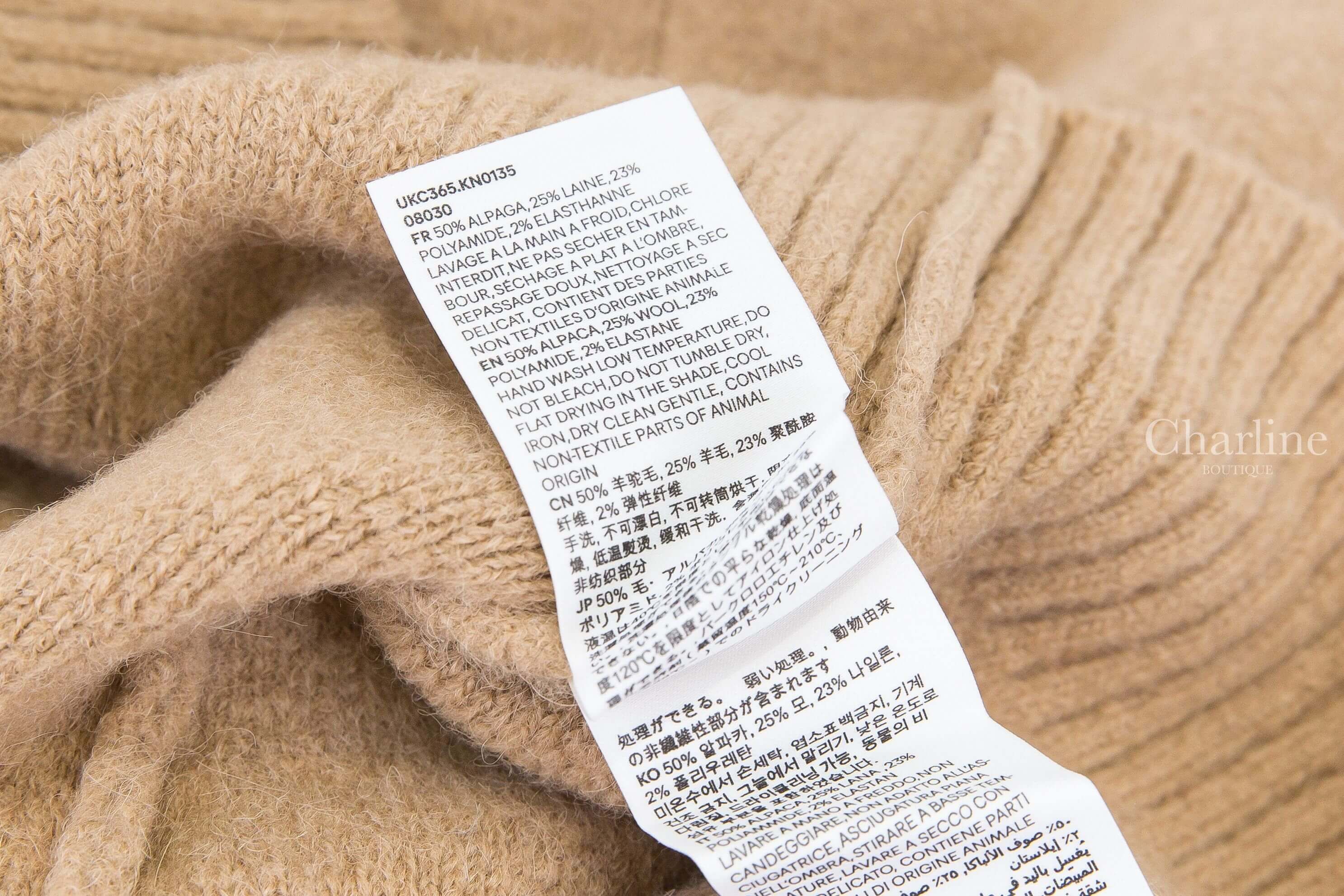 Ami Paris Ami De Coeur Cardigan 奶茶色白色愛心羊駝毛開襟長袖外套 羊駝毛羊毛混紡材質成分與洗滌標籤特寫