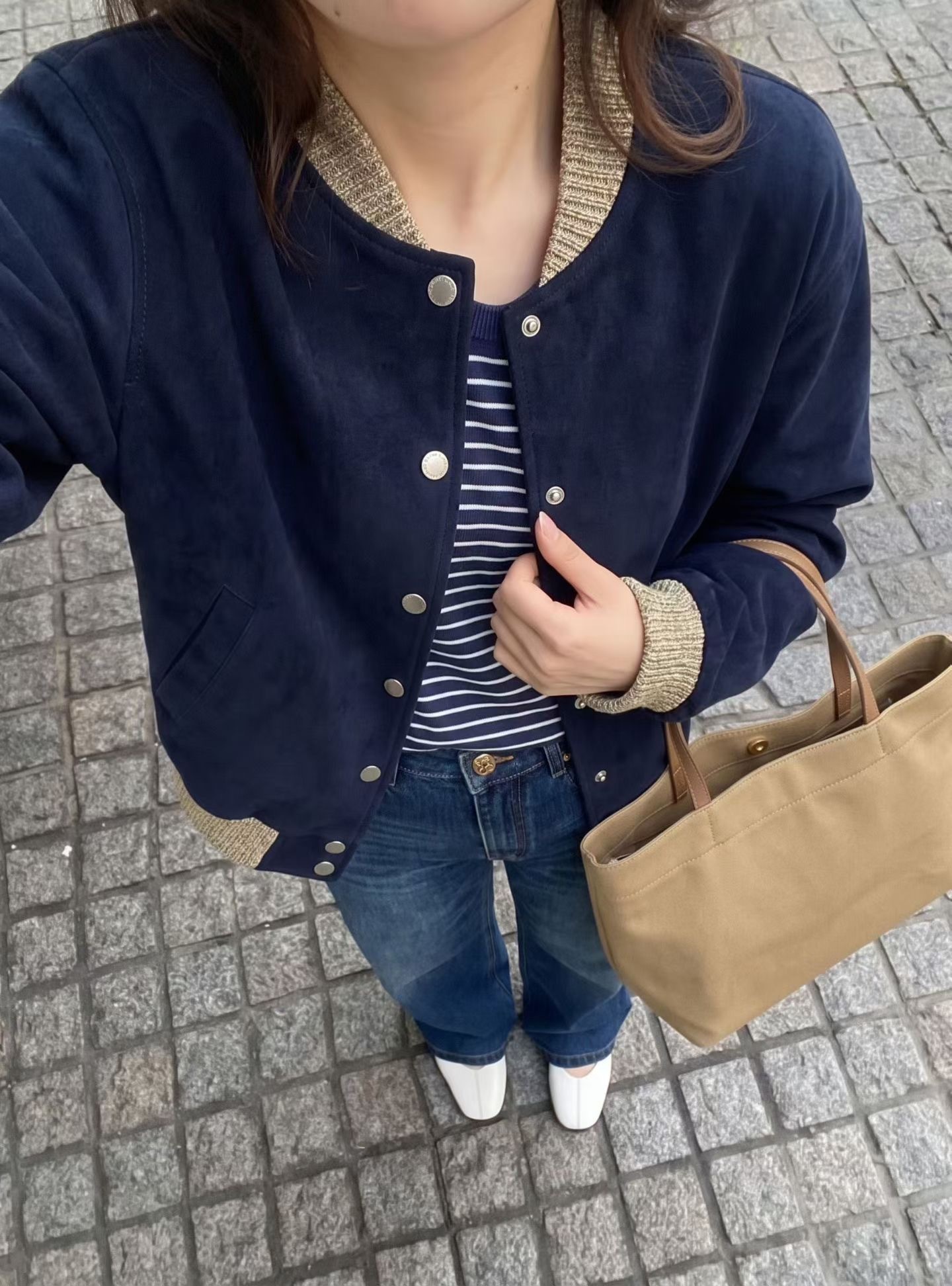 海軍藍仿麂皮絨拼接羊毛羅紋棒球外套-S-L  (Elegant & Love)