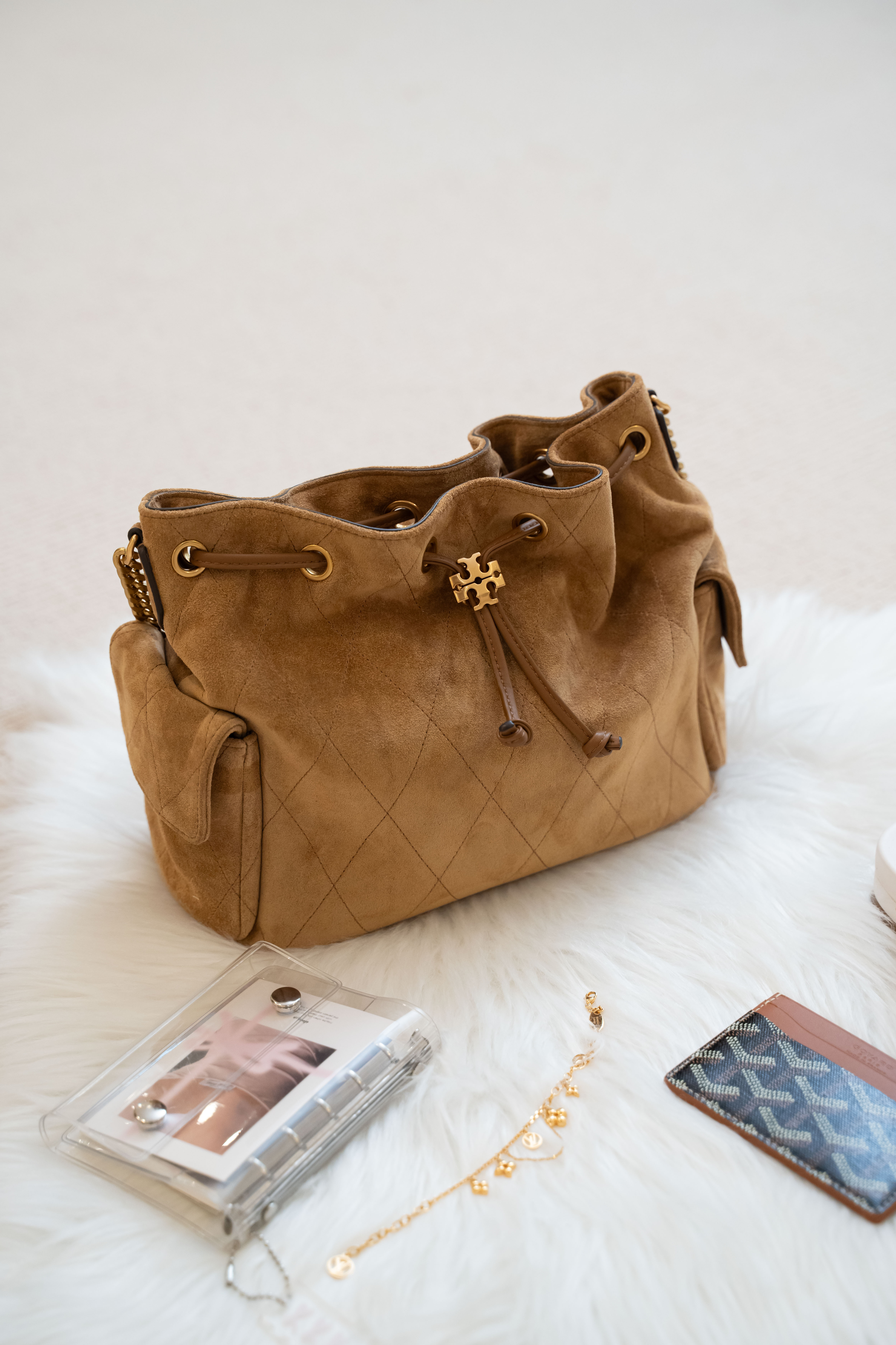 Tory Burch Charlie Coulisse Drawstring Shoulder Bag in Wild Tobacco Split Leather
