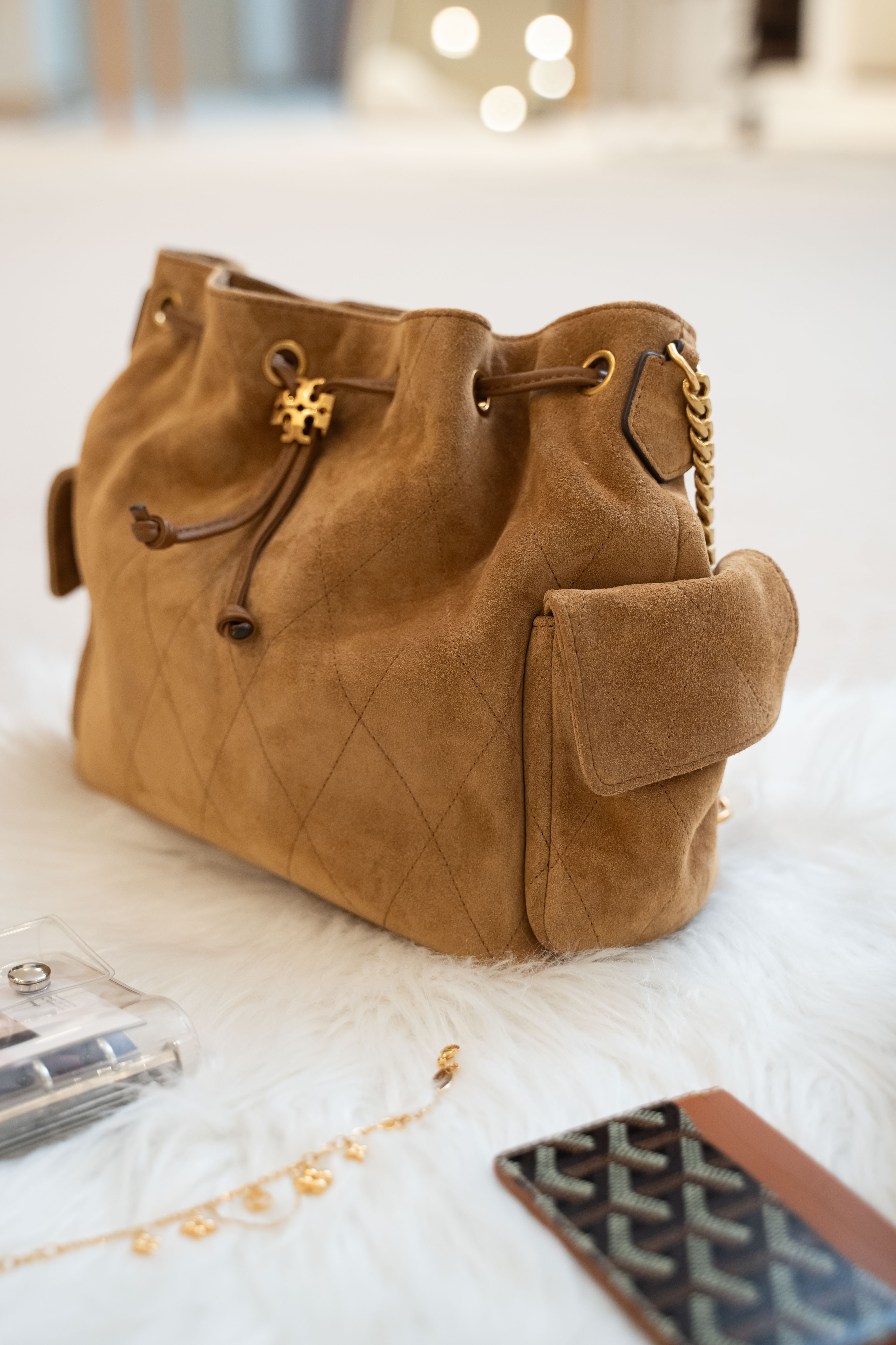 Tory Burch Charlie Coulisse Drawstring Shoulder Bag in Wild Tobacco Split Leather