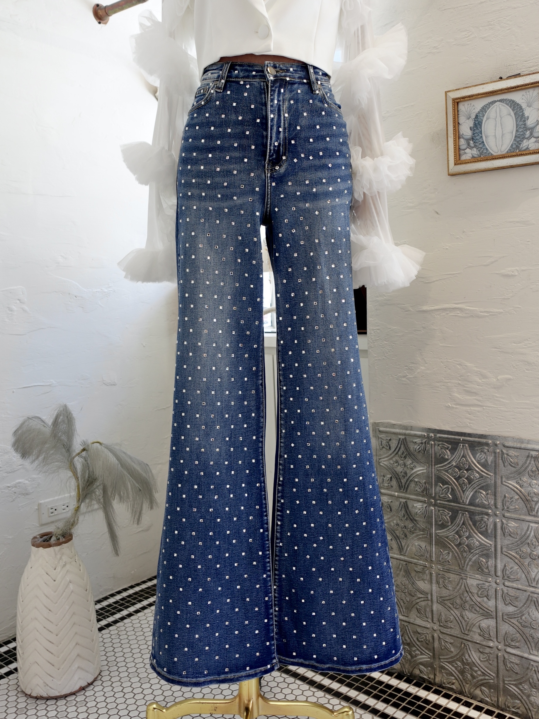 Dark Denim深單寧藍色高腰水鑽牛仔褲