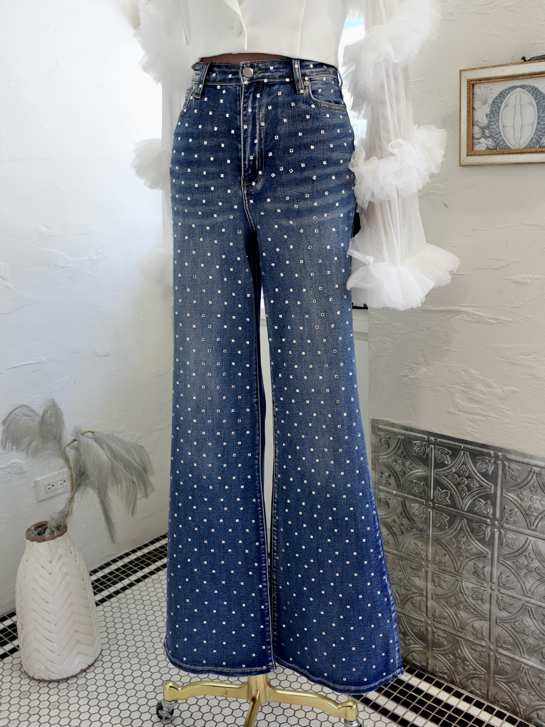 Dark Denim深單寧藍色高腰水鑽牛仔褲