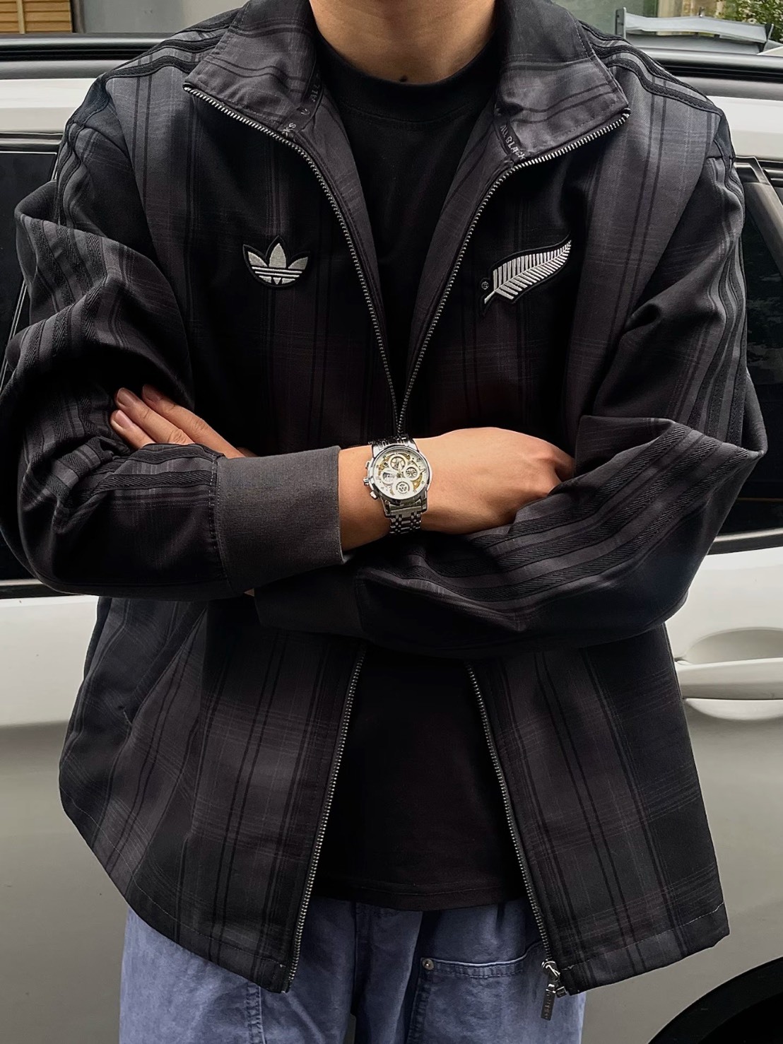 ADIDAS 聯名限定款 復古格紋 機能長袖拉鏈外套 男款 碳黑色