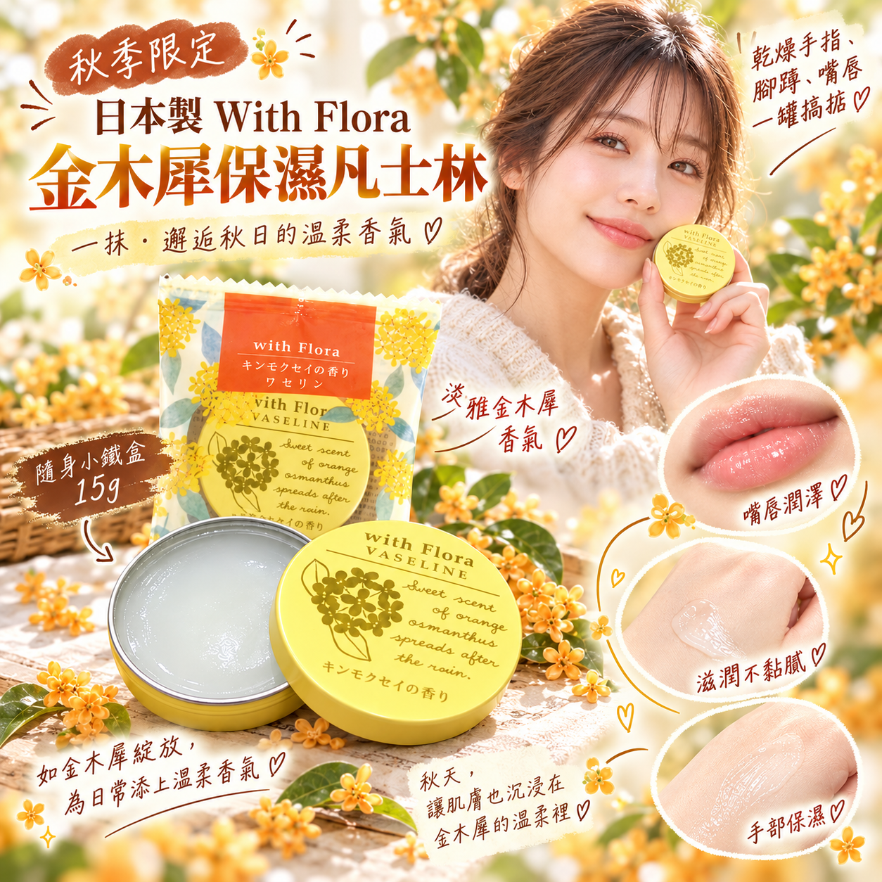 【預訂】AB092901 日本製 With Flora｜金木犀保濕凡士林｜15g