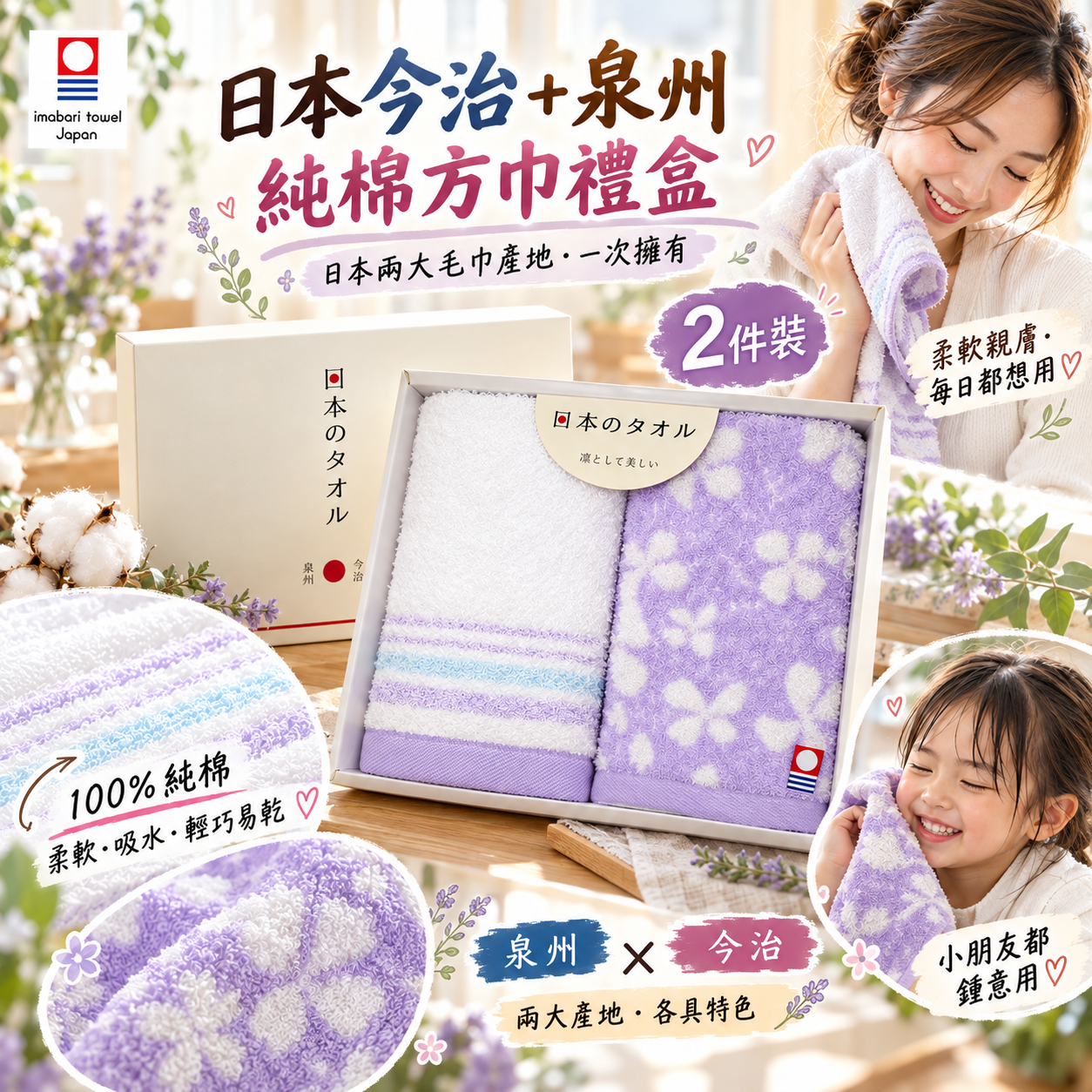 【預訂】AB092903 日本今治＋泉州｜雙產地純棉方巾禮盒｜2件裝