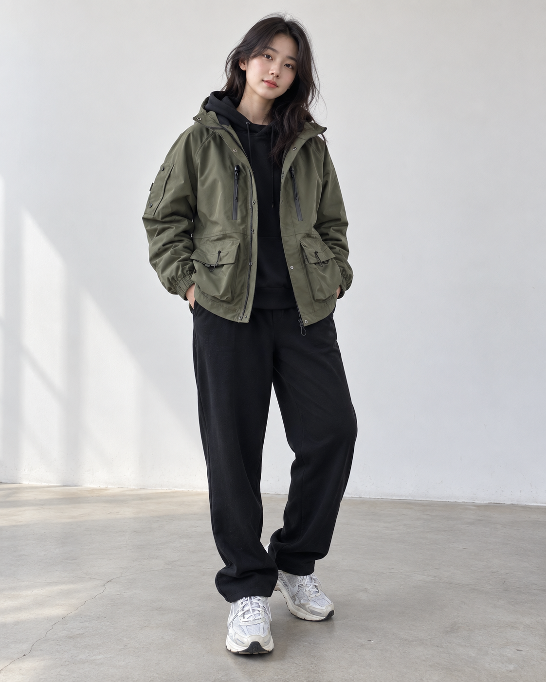 女生軍綠連帽機能外套搭配黑色帽T與黑色寬褲