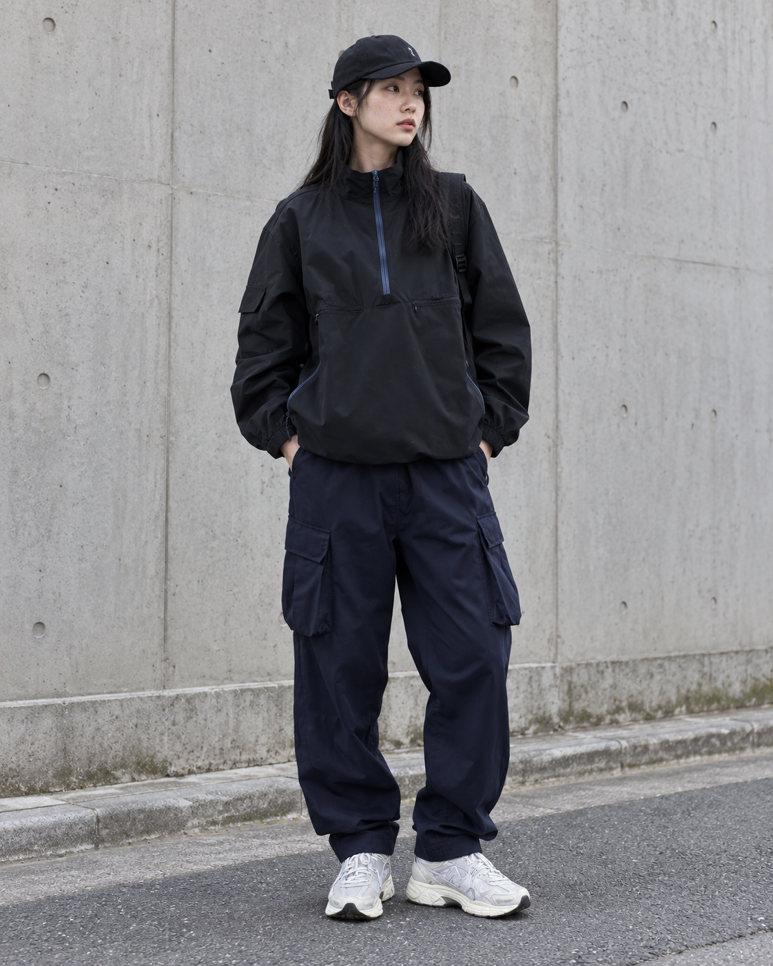 女生黑色套頭機能外套搭配深藍工裝褲