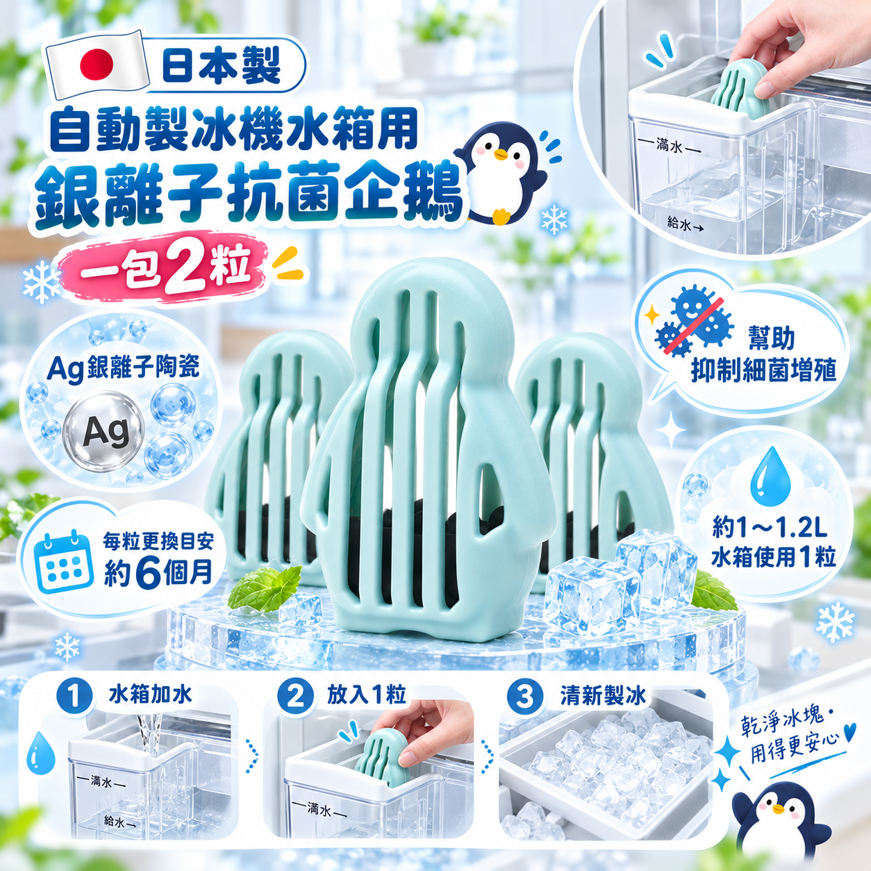 【預訂】AB092908 日本製｜自動製冰機水箱 Ag銀離子抗菌企鵝｜2粒裝