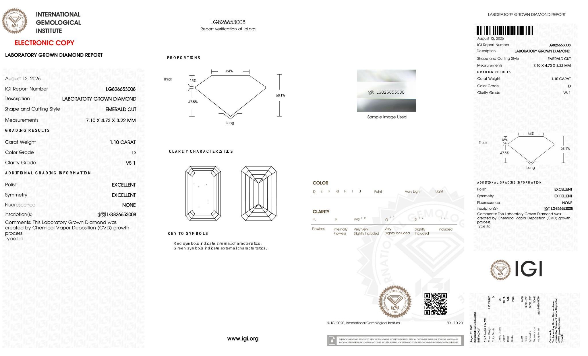 FD065 D3 培育鑽石(裸石) - 祖母綠切工Emerald Shape 1.1ct COLOR D VS1 (7.10 - 4.73 - 3.22)