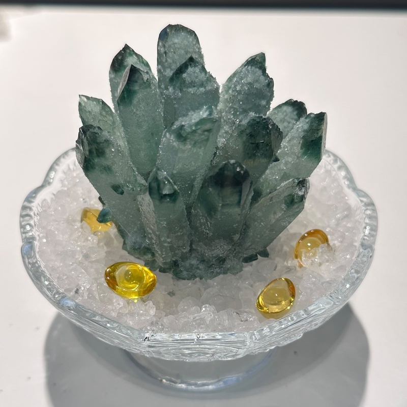 HKAG1001-005 水晶簇擺件-綠（連碗+白水晶） (A5)