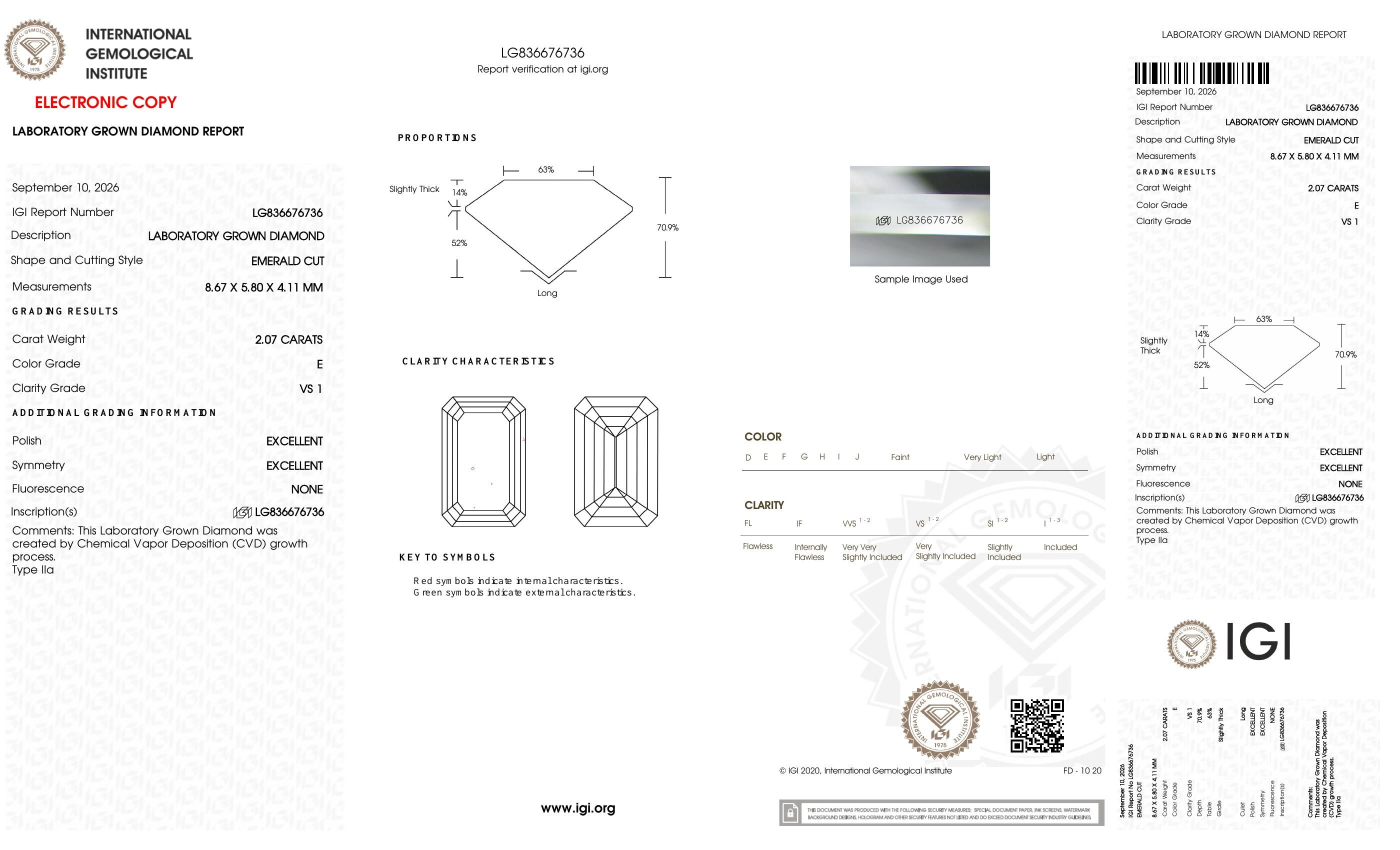 FD084 D22 培育鑽石(裸石) - 祖母綠切工Emerald Shape 2.07ct COLOR E VS1 (8.67 - 5.80 - 4.11)