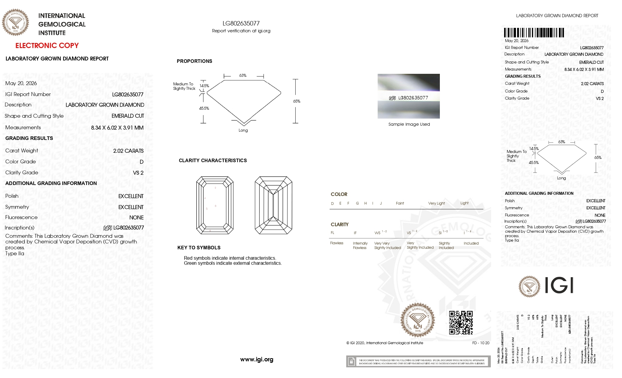 FD082 D20 培育鑽石(裸石) - 祖母綠切工Emerald Shape 2.02ct COLOR D VS2 (8.34 - 6.02 - 3.91)