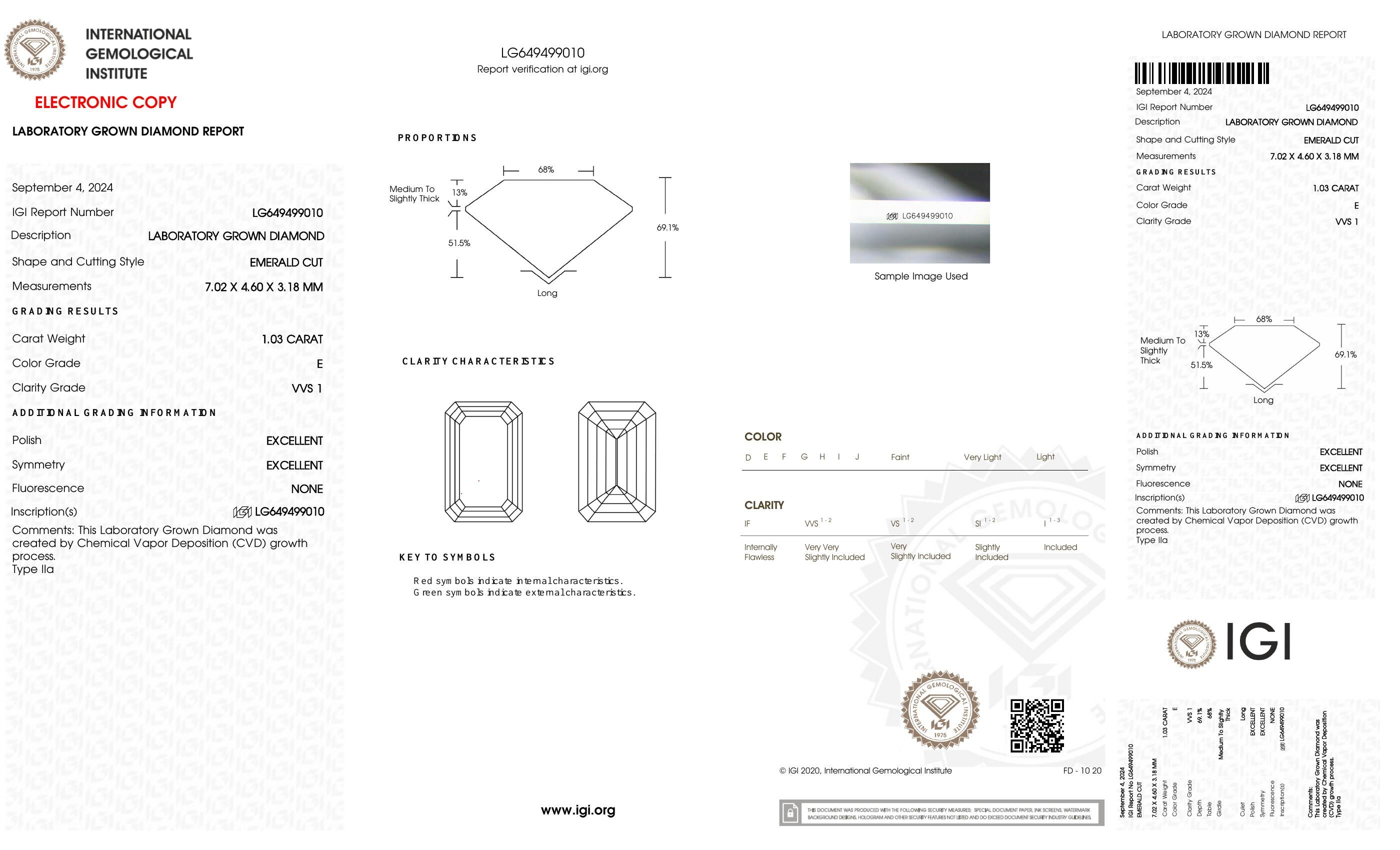 FD074 D12 培育鑽石(裸石) - 祖母綠切工Emerald Shape 1.03ct COLOR E VVS1 (7.02 - 4.60 - 3.18)