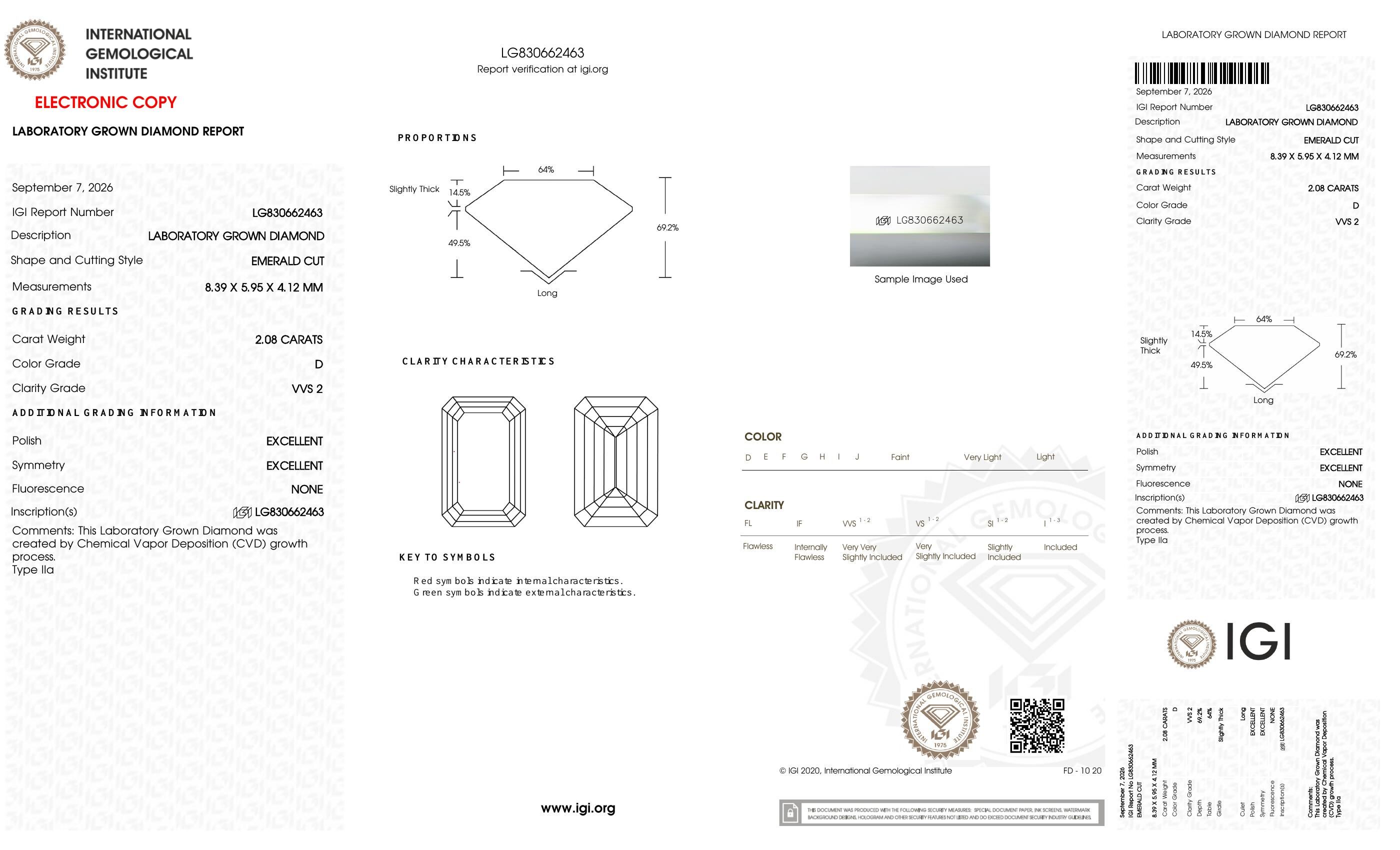 FD076 D14 培育鑽石(裸石) - 祖母綠切工Emerald Shape 2.08ct COLOR D VVS2 (8.39 - 5.95 - 4.12)