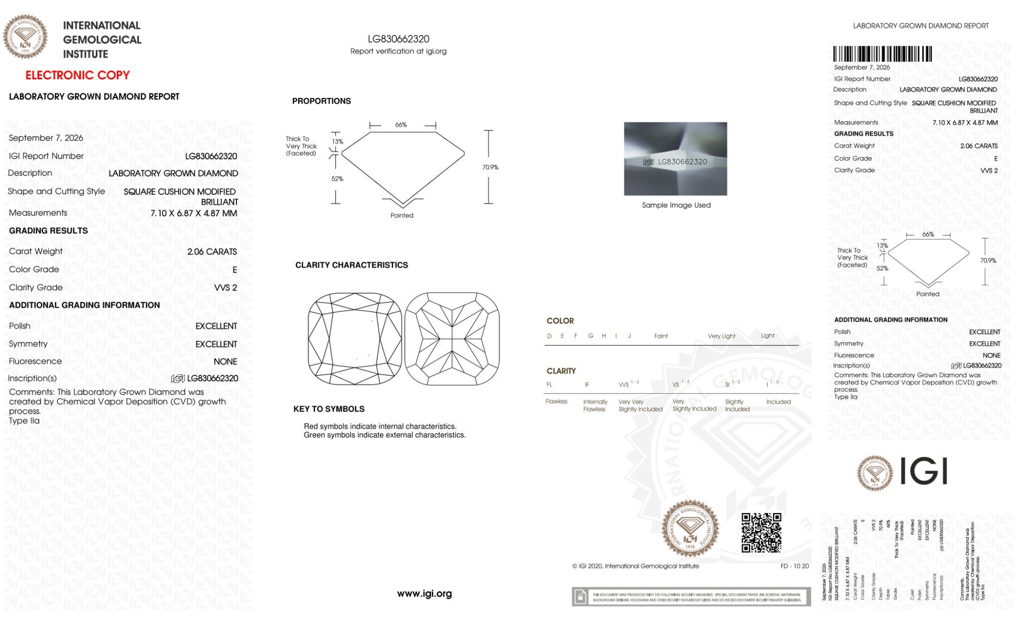 FD203 K2 培育鑽石(裸石) - 正方形墊形切工Square Cushion Shape 2.06ct COLOR E VVS2 (7.10 - 6.87 - 4.87)