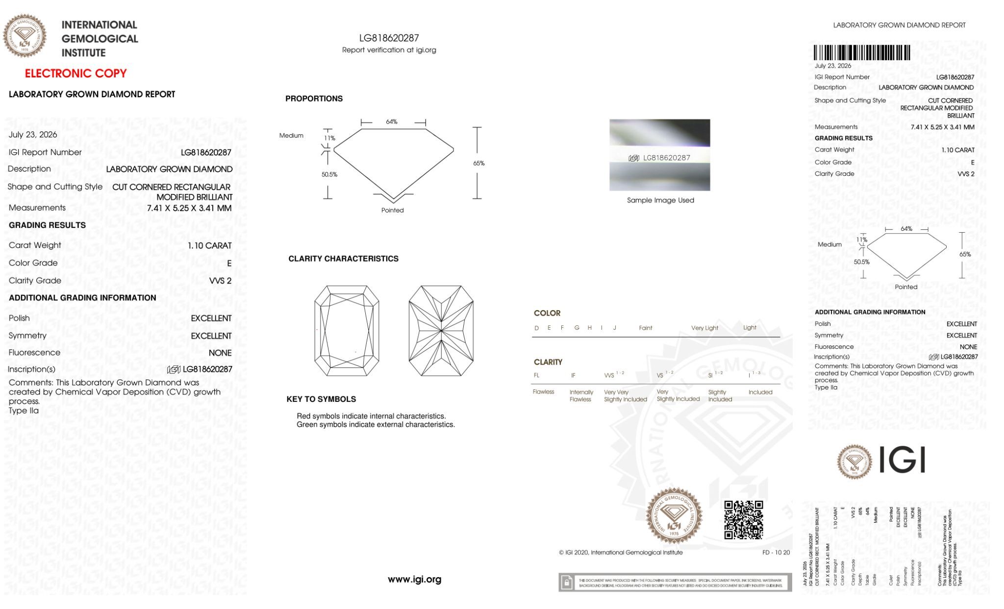 FD189 J9 培育鑽石(裸石) - 雷地恩切工Radiant Shape 1.1ct COLOR E VVS2 (7.41 - 5.25 - 3.41)