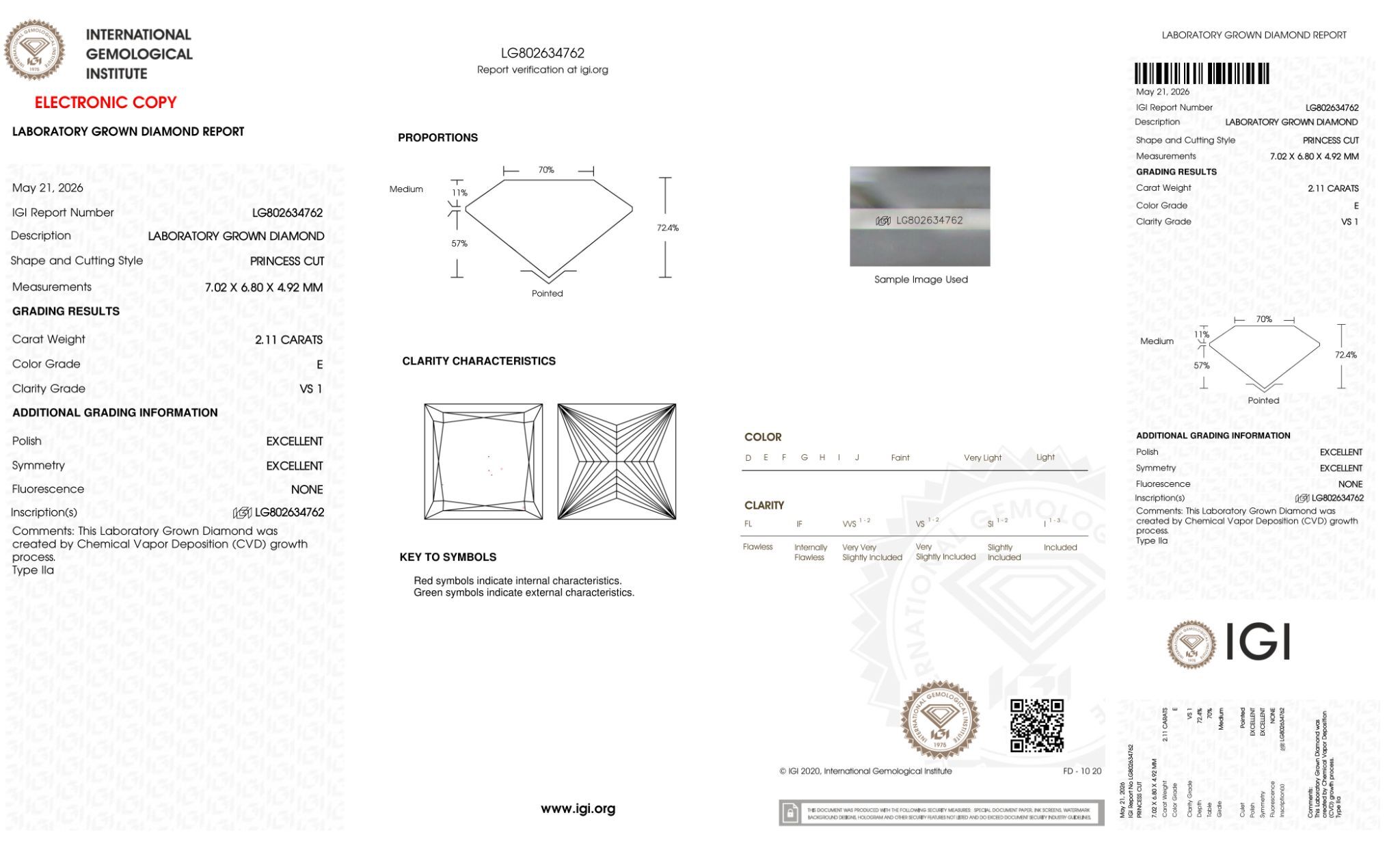 FD177 H10 培育鑽石(裸石) - 公主方切工Princess Shape 2.11ct COLOR E VS1 (7.02 - 6.80 - 4.92)