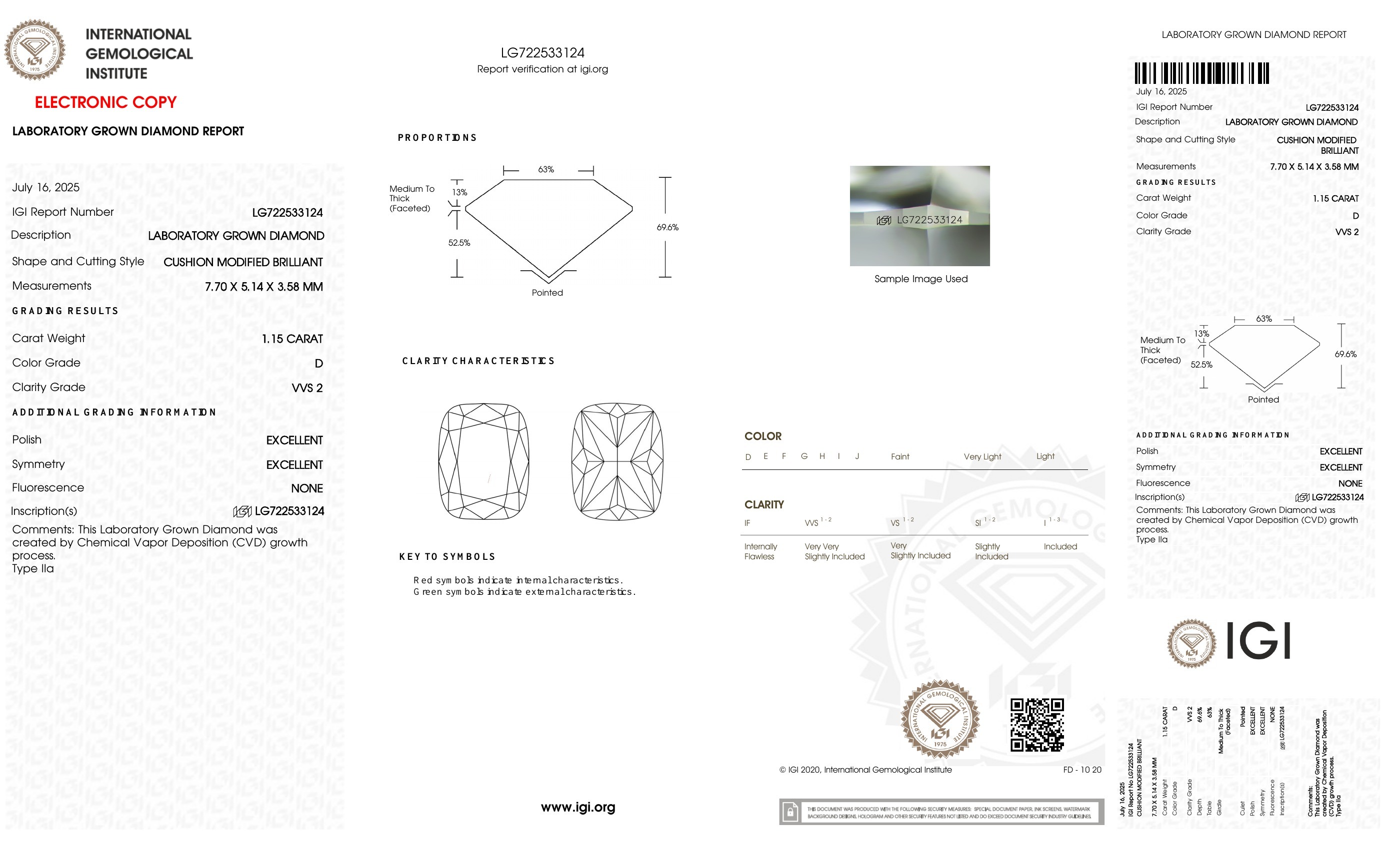 FD053 C1 培育鑽石(裸石) - 墊形切工Cushion Shape 1.15ct COLOR D VVS2 (7.70 - 5.14 - 3.58)