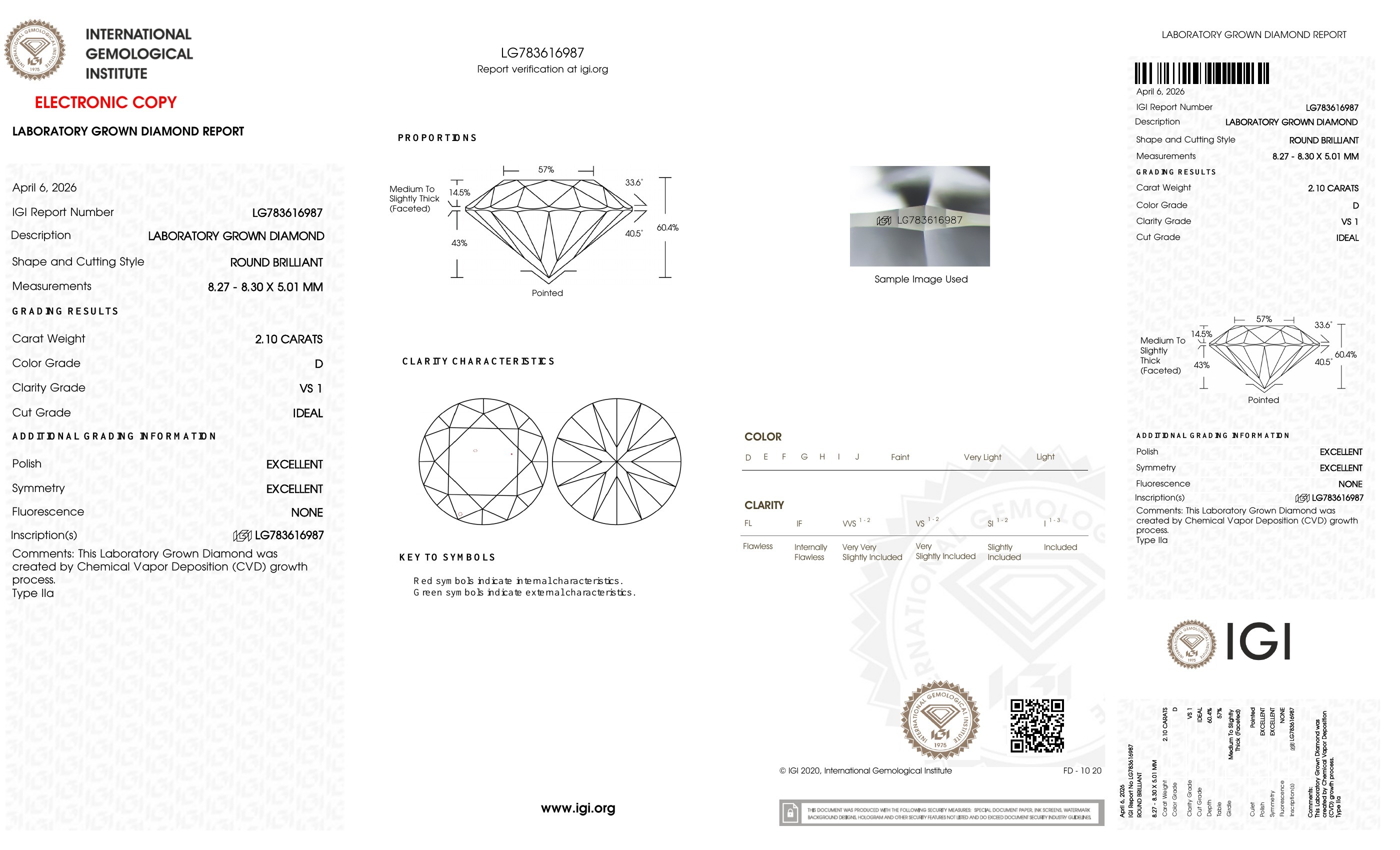 FD034 B21 培育鑽石(裸石) - 圓形切工Round Shape 2.1ct COLOR D VS1 (8.27 - 8.30 - 5.01)
