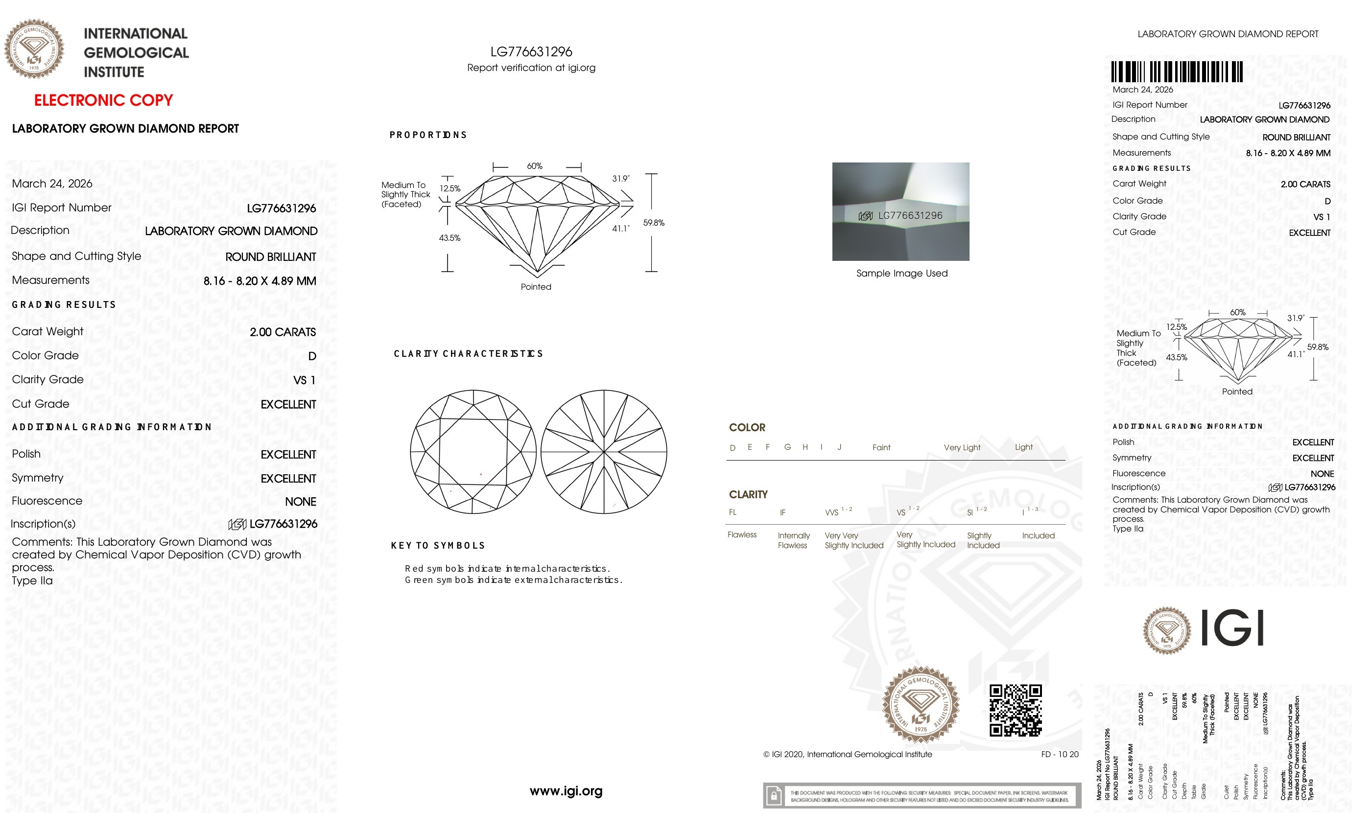 FD042 B29 培育鑽石(裸石) - 圓形切工Round Shape 2ct COLOR D VS1 (8.16 - 8.20 - 4.89)