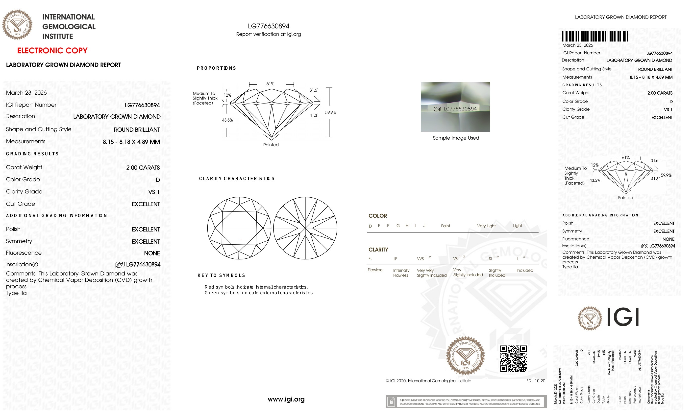 FD044 B31 培育鑽石(裸石) - 圓形切工Round Shape 2ct COLOR D VS1 (8.15 - 8.18 - 4.89)