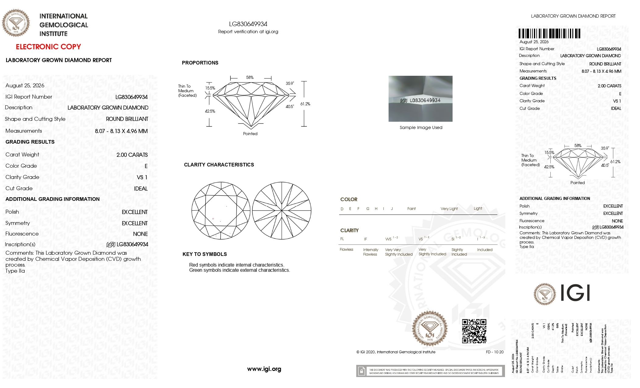 FD052 B39 培育鑽石(裸石) - 圓形切工Round Shape 2ct COLOR E VS1 (8.07 - 8.13 - 4.96)