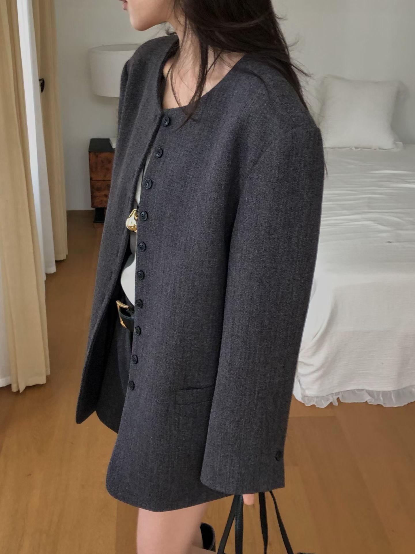 無領開釦長版西裝外套