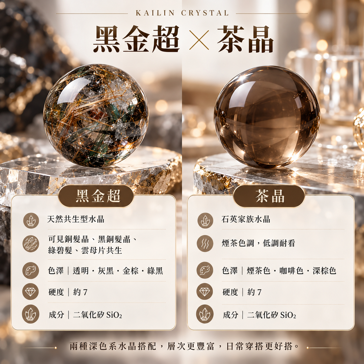黑金超茶晶水晶介紹|天然黑金超共生水晶與茶晶 Smoky Quartz 礦石特徵
