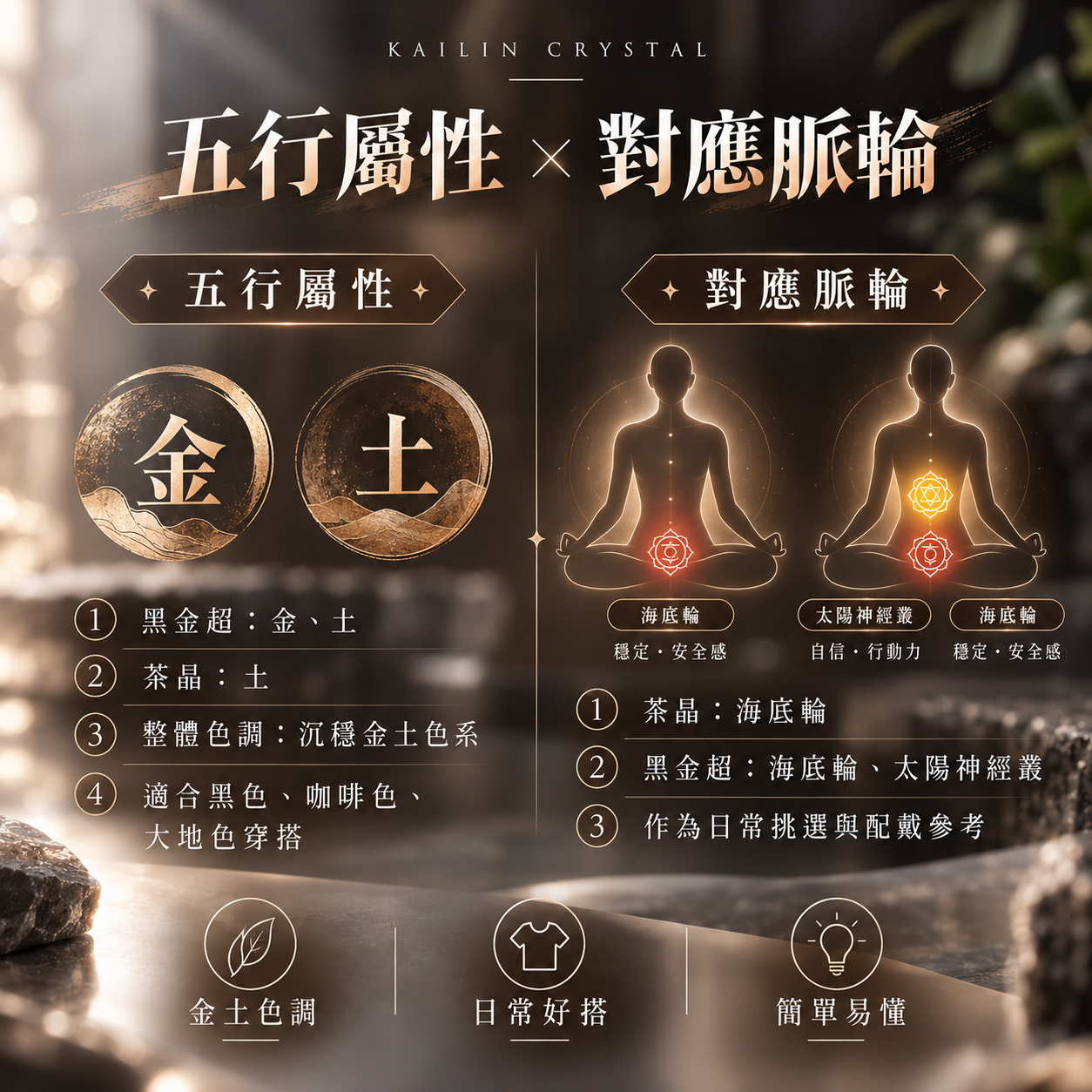 黑金超茶晶五行脈輪介紹 黑金超金土屬性 茶晶土屬性 海底輪