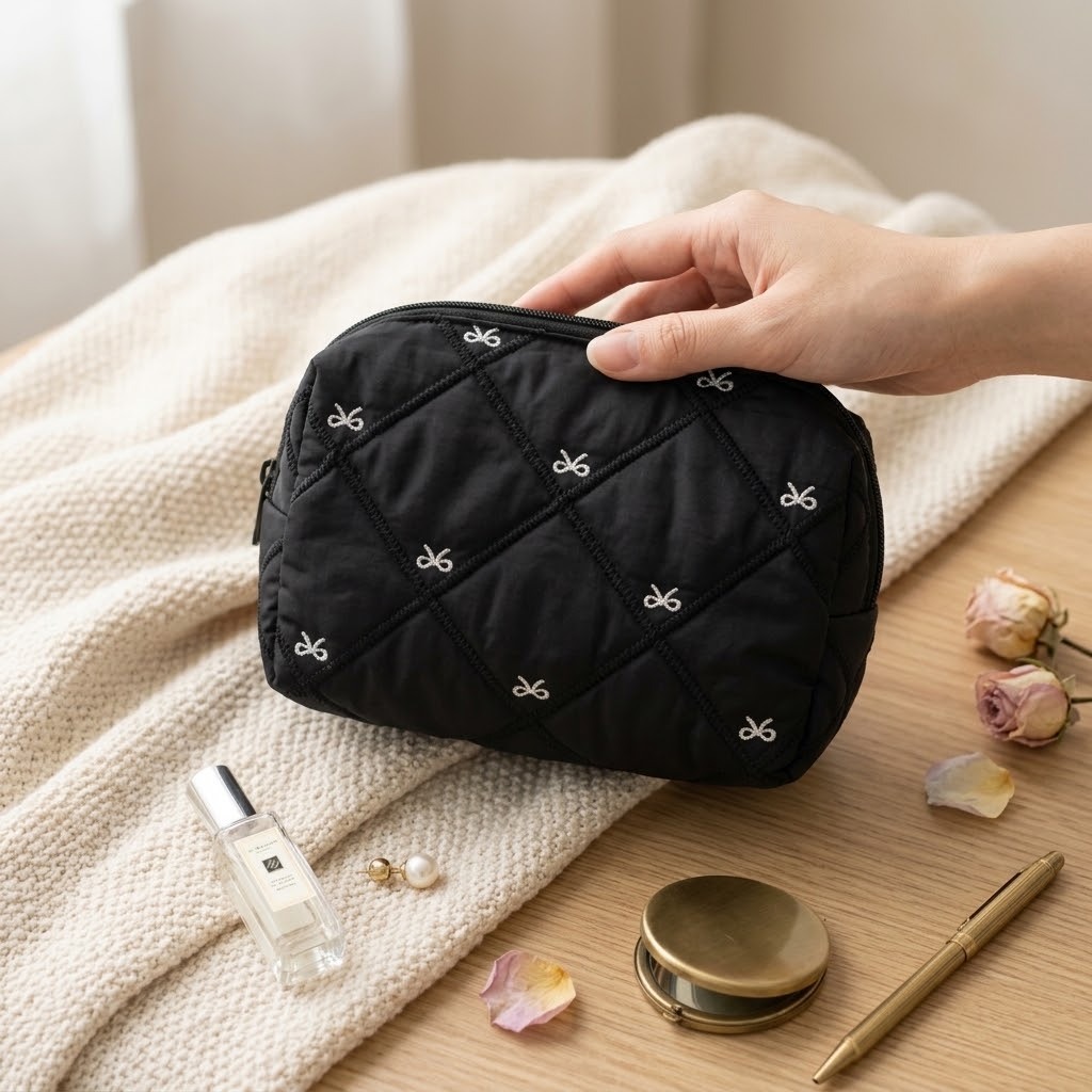JP 蝴蝶結刺繡密集式黑色拉鍊包 1799 TK260929
