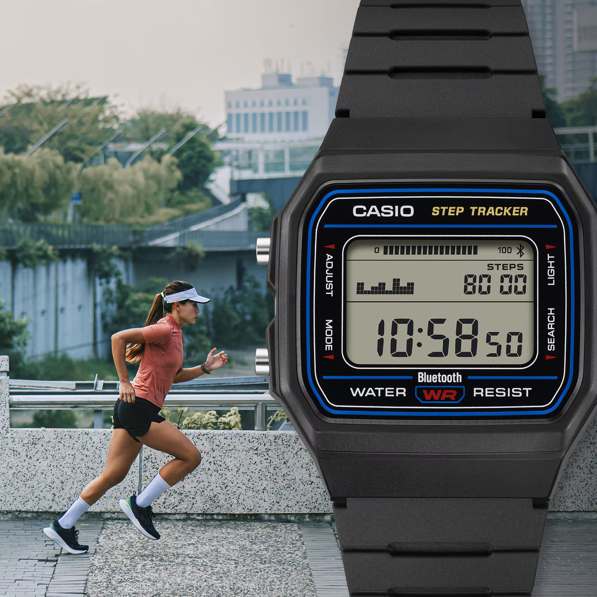 萬年鐘錶 - CASIO 卡西歐   Bluetooth 藍芽智慧步數感應器復古方形數位電子錶 F-B100W-1A 錶徑 : 38.1MM