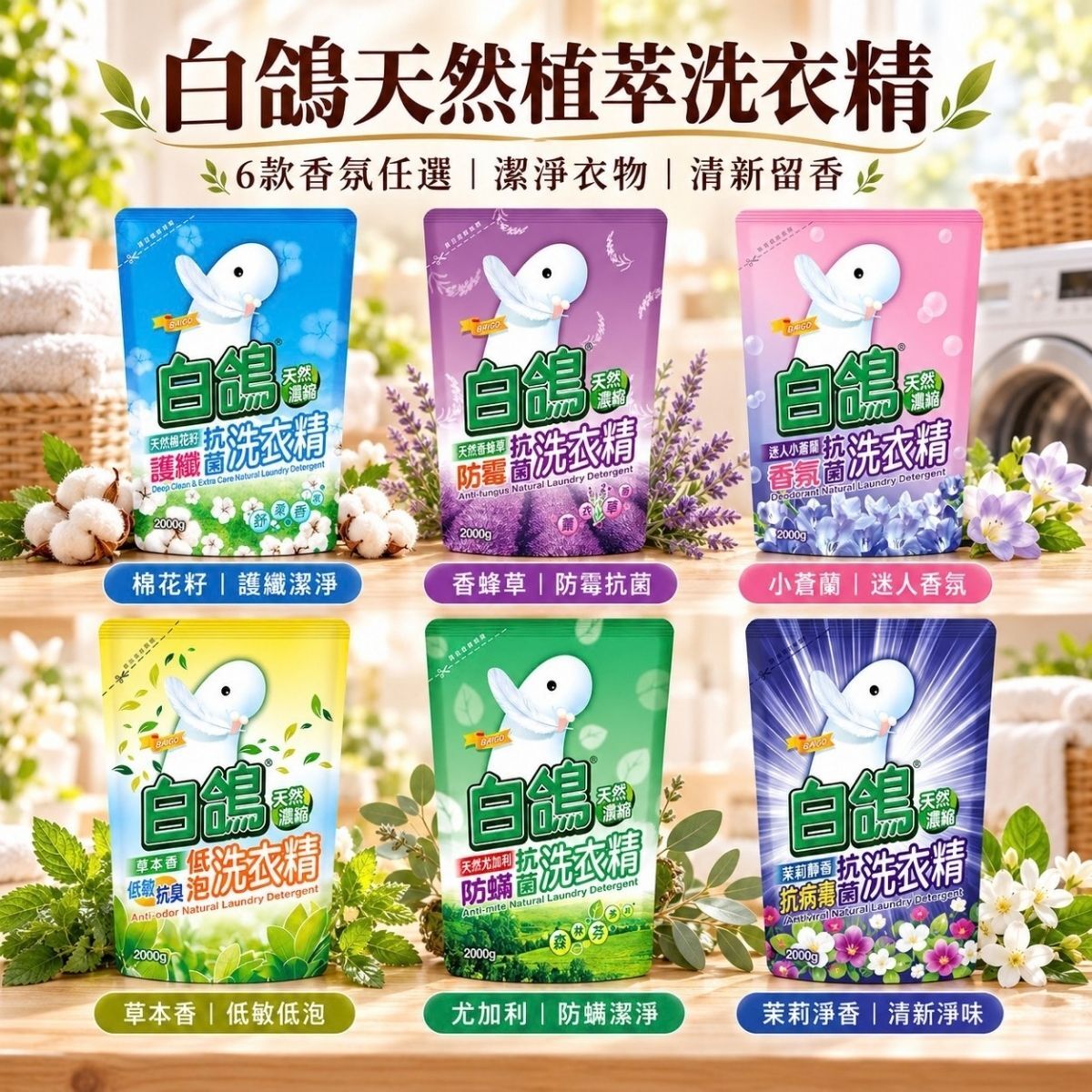 【箱購】白鴿天然濃縮抗菌洗衣精補充包2000g×6包｜濃縮洗衣精 洗精補充包 防蟎防霉低泡香氛【輕鬆購五金百貨】