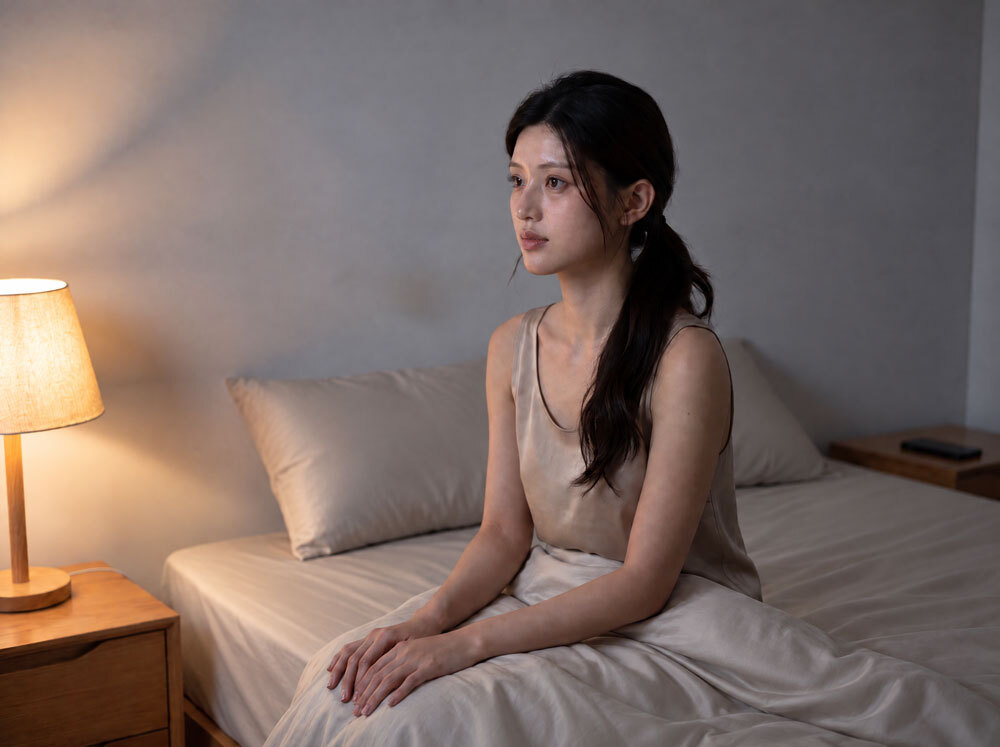 女子躺下後睡不著_旁邊桌上有手機
