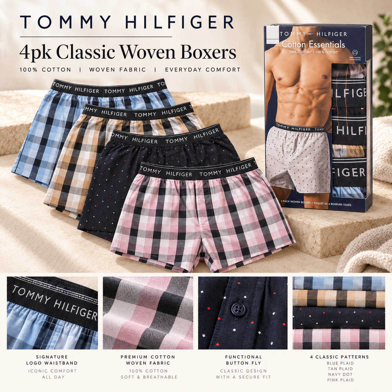 【預購】TOMMY HILFIGER N093003 Classic 男裝平口四角內褲 (4條裝)