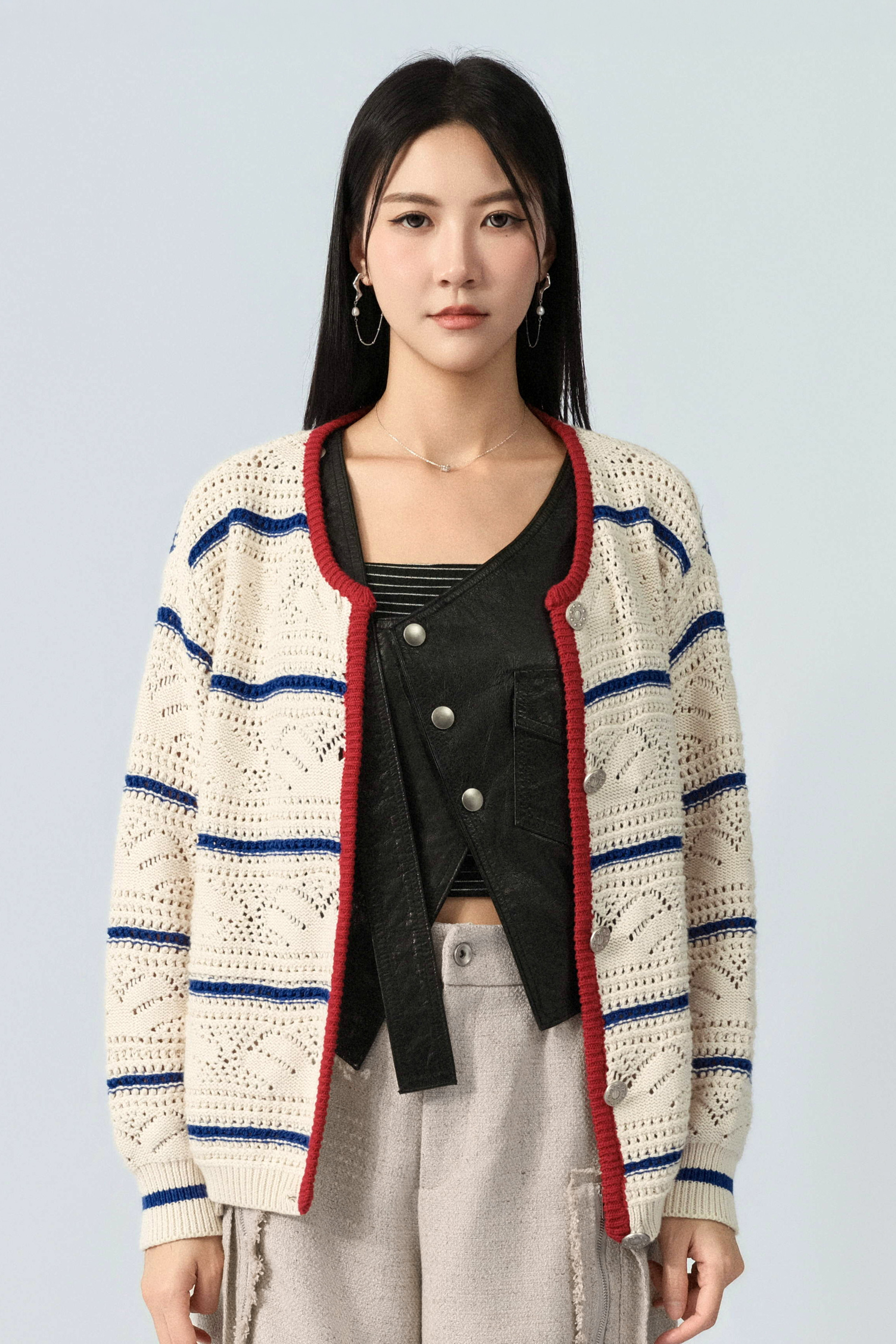 水手風通花線織cardigan (預購產品）