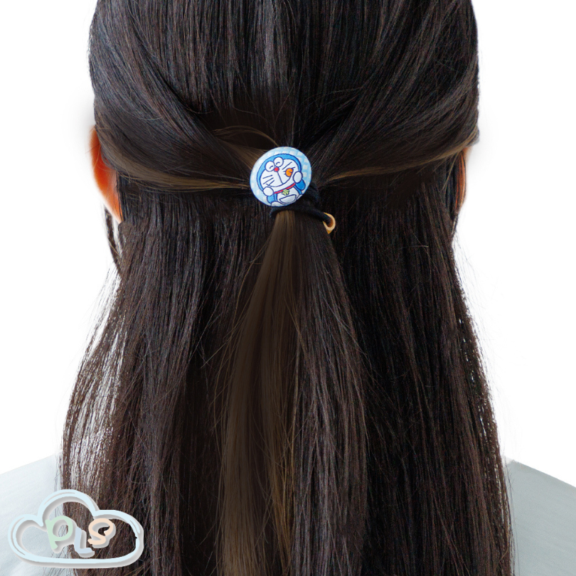 Fabric-Covered Soft Button Hair Tie With Plaid Pattern Doraemon Future Department Store Limited Edition Blue Plaid #40215-1