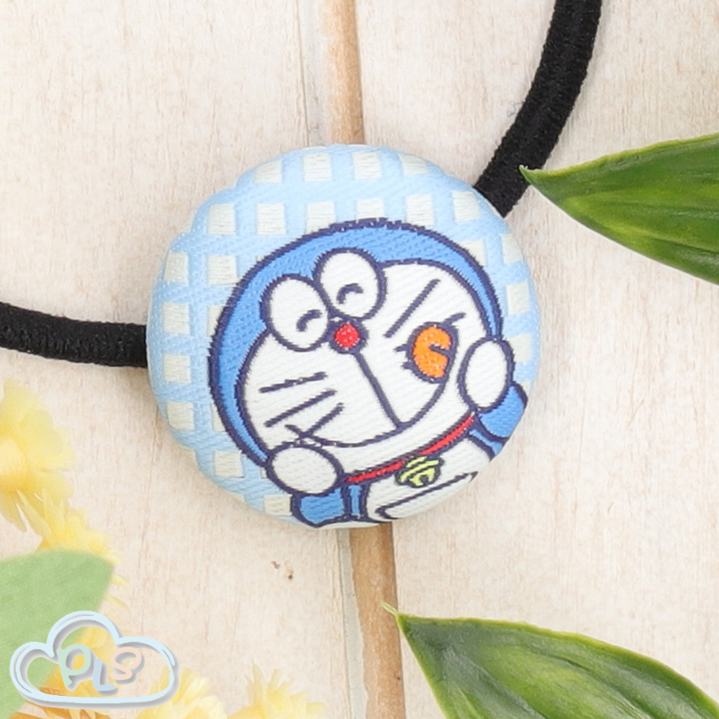 Fabric-Covered Soft Button Hair Tie With Plaid Pattern Doraemon Future Department Store Limited Edition Blue Plaid #40215-1