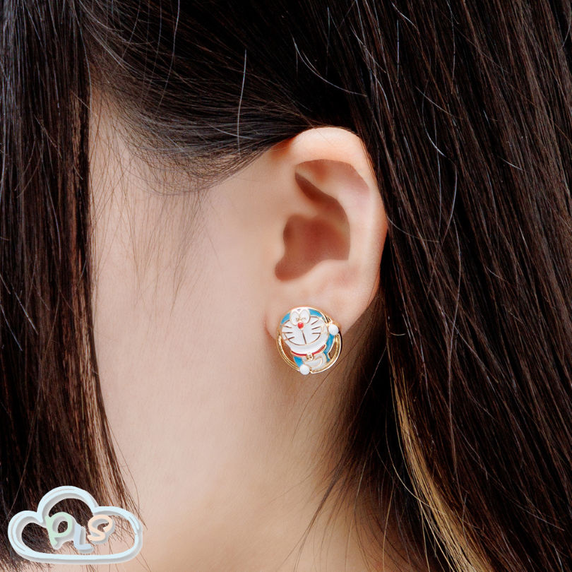 Patchwork Earrings - Through Hoop Style (2Pcs/Set) Doraemon Future Department Store Limited Edition Blue And Gold #40216-1